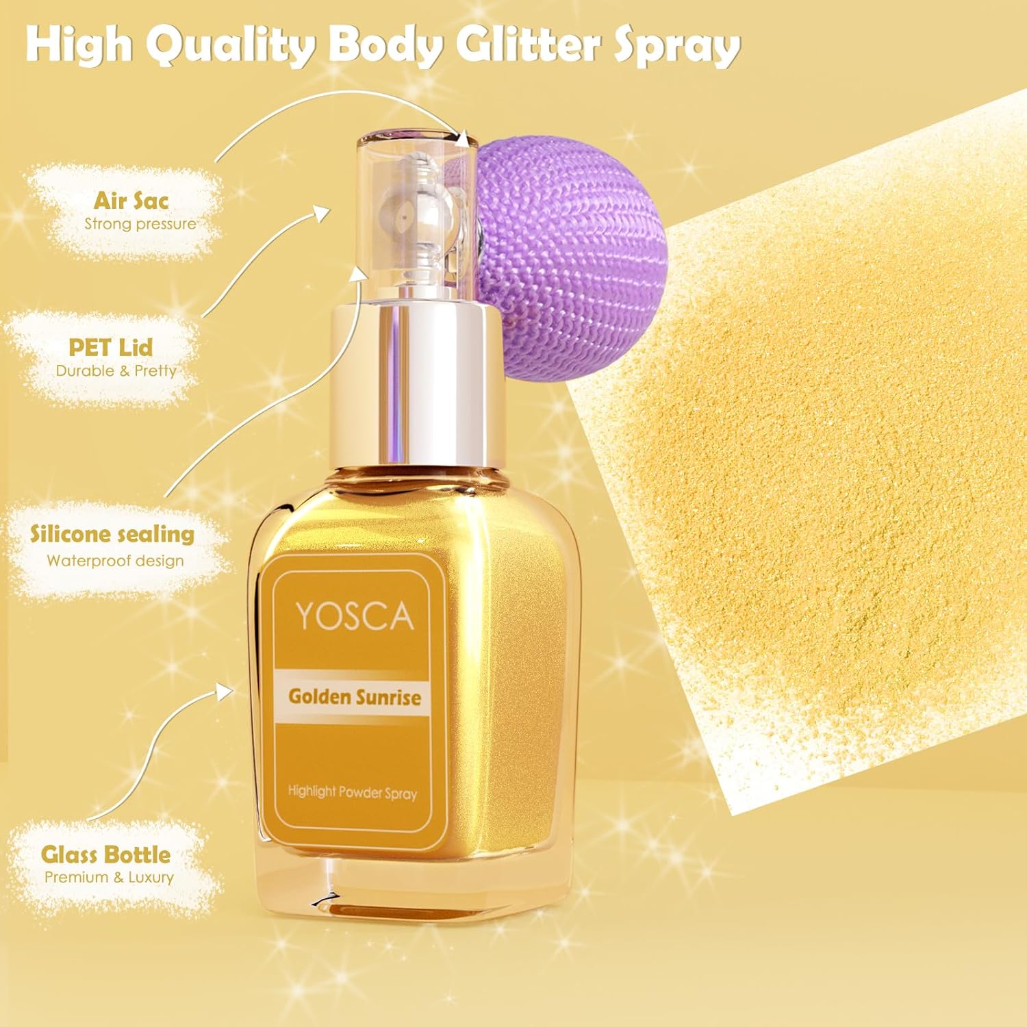 Yosca Espray en polvo iluminador, 0.7 fl oz (0.7 fl oz), polvo brillante de grado cosmético, brillo dorado, iluminador brillante, maquillaje,