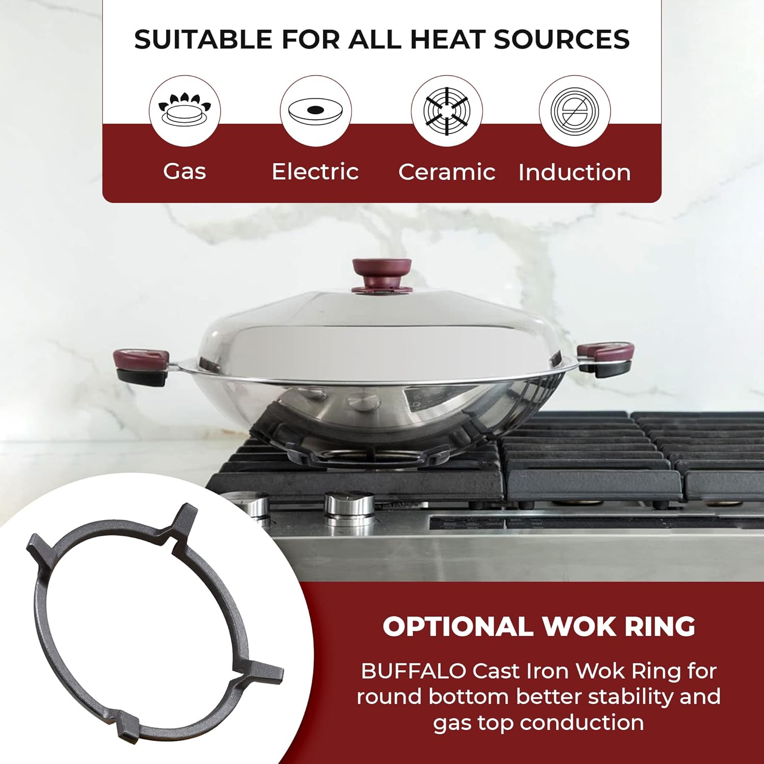 BUFFALO Sartén para wok de acero inoxidable con tapa, parte inferior redonda de 15 pulgadas (15.0 in), sartén antiadherente de tres capas, olla de