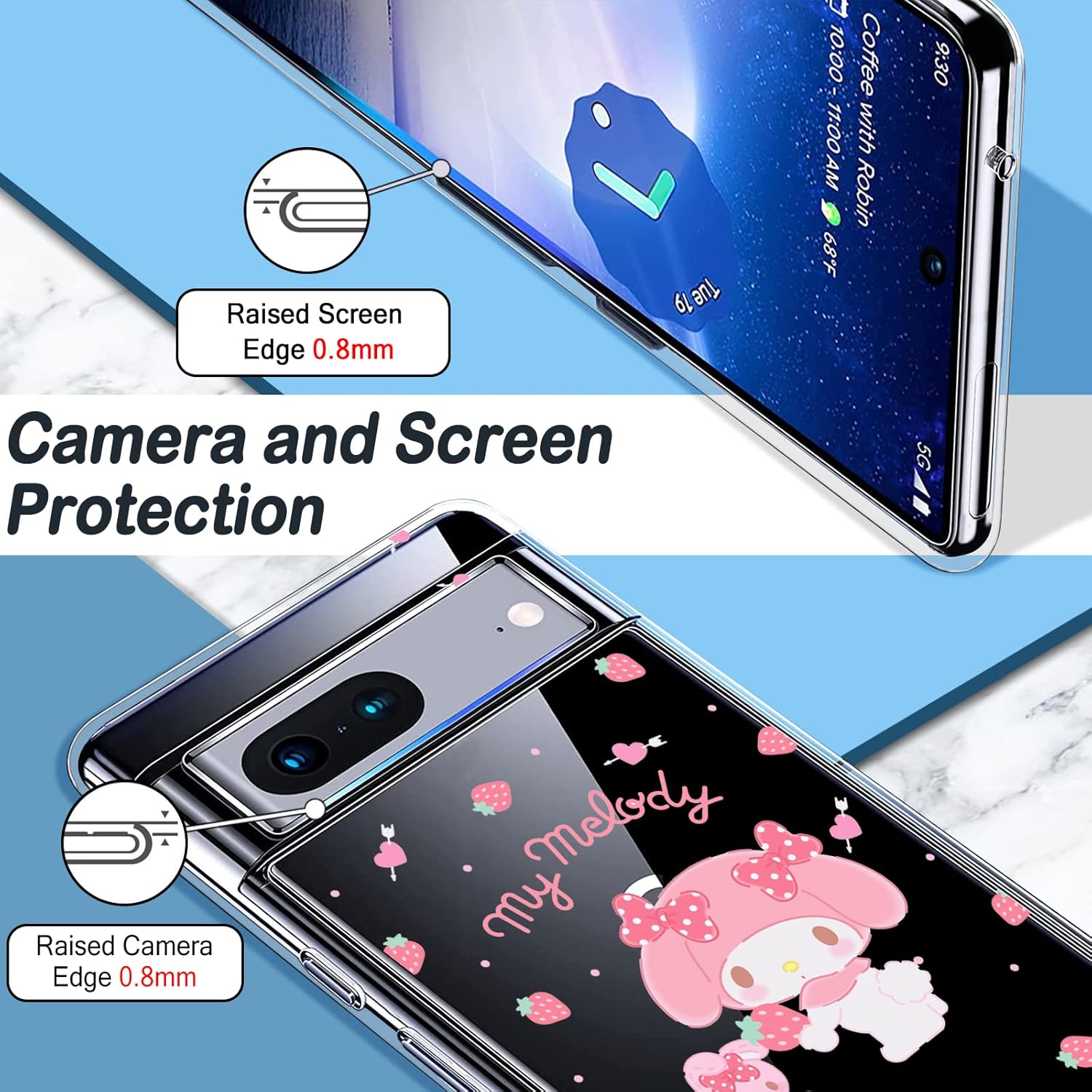 Bonita funda compatible con Google Pixel 7 de silicona transparente Pixel 7 con diseño de conejo de fresa, patrón kawaii delgado y suave TPU