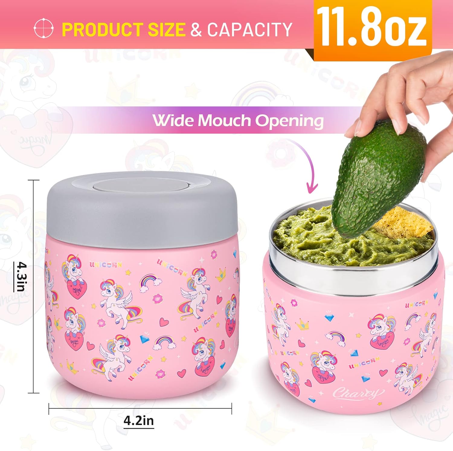 Charcy Tarro de comida aislado de acero inoxidable para niños, termo de sopa de boca ancha a prueba de fugas, juego de recipientes para 8 horas