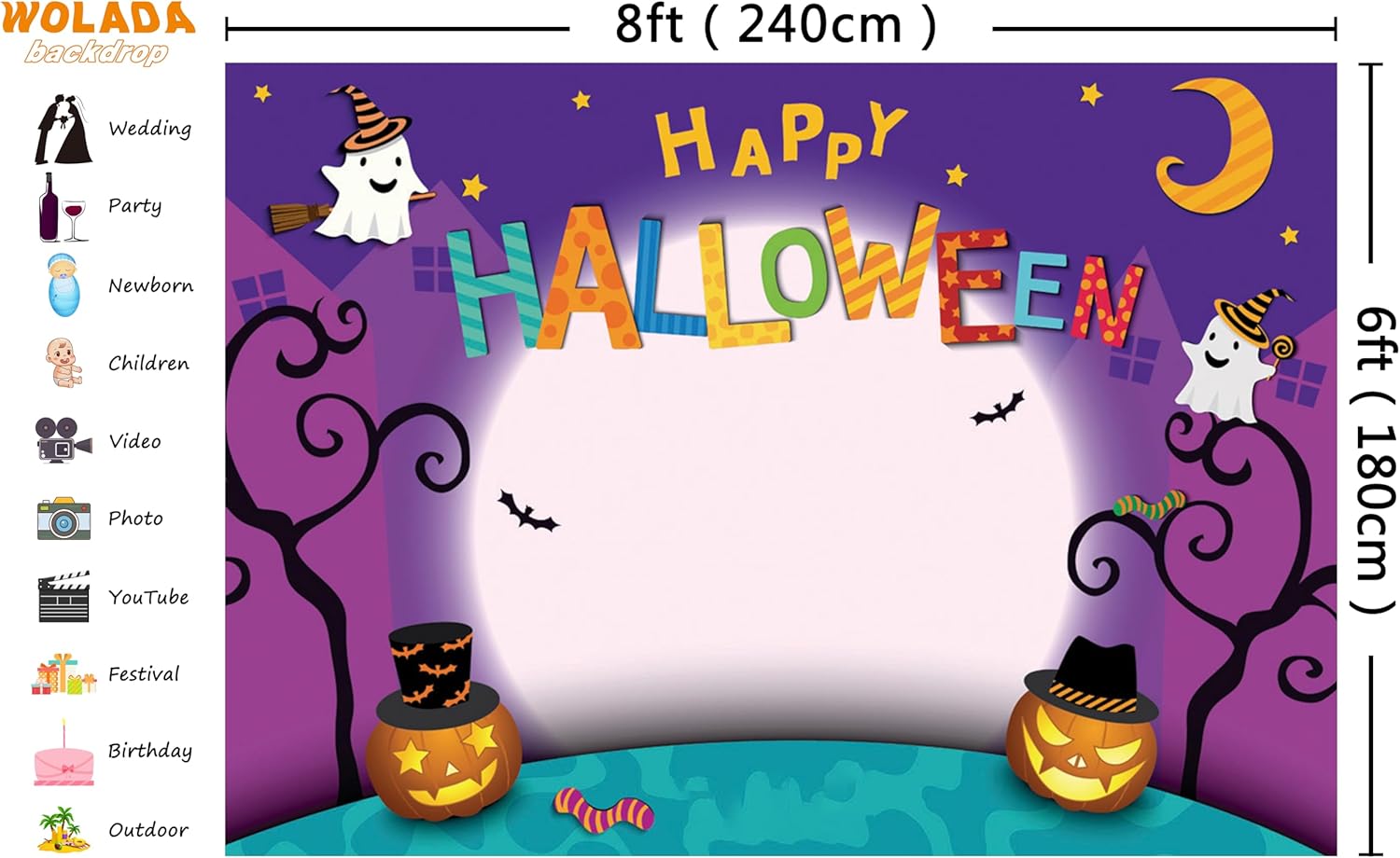 WOLADA Telón de fondo de fotos de Halloween de dibujos animados de 8 x 6 pies, telón de fondo de fotografía de luna de calabaza, pancarta de fiesta