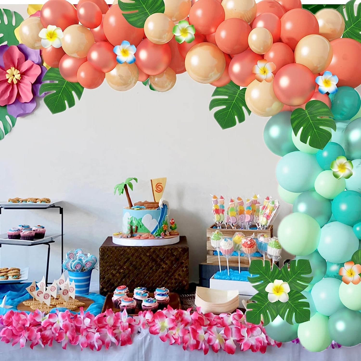 Ouddy Party Kit de arco de guirnalda de globos tropicales, globos de 12 pulgadas, 10 pulgadas, 5 pulgadas, color oro rosa, azul rubor, hojas de