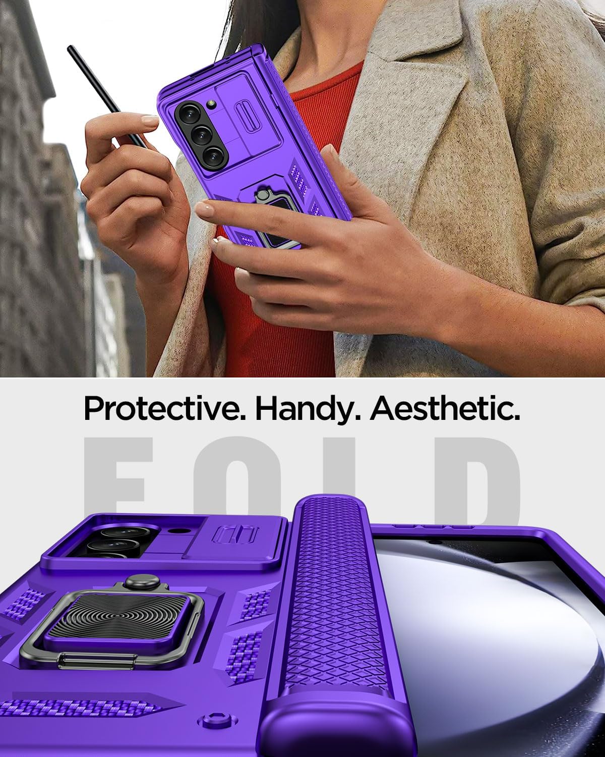 AICase Funda para Samsung Galaxy Z Fold 5 Protección Resistente Cubierta de lente de cámara Protección de bisagra Soporte magnético de anillo de 360