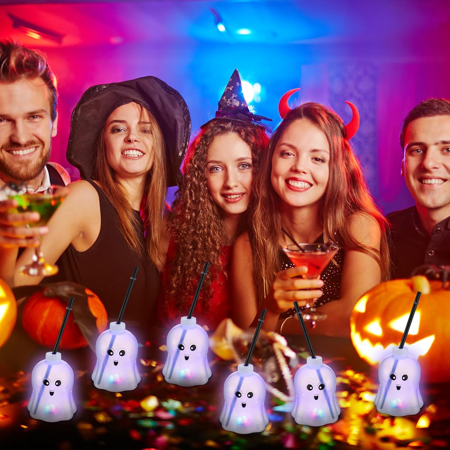 Zubebe 6 tazas con forma de fantasma de Halloween que brillan en la oscuridad con tapa de pajilla, 3 modos de luz coloridos, reutilizables,