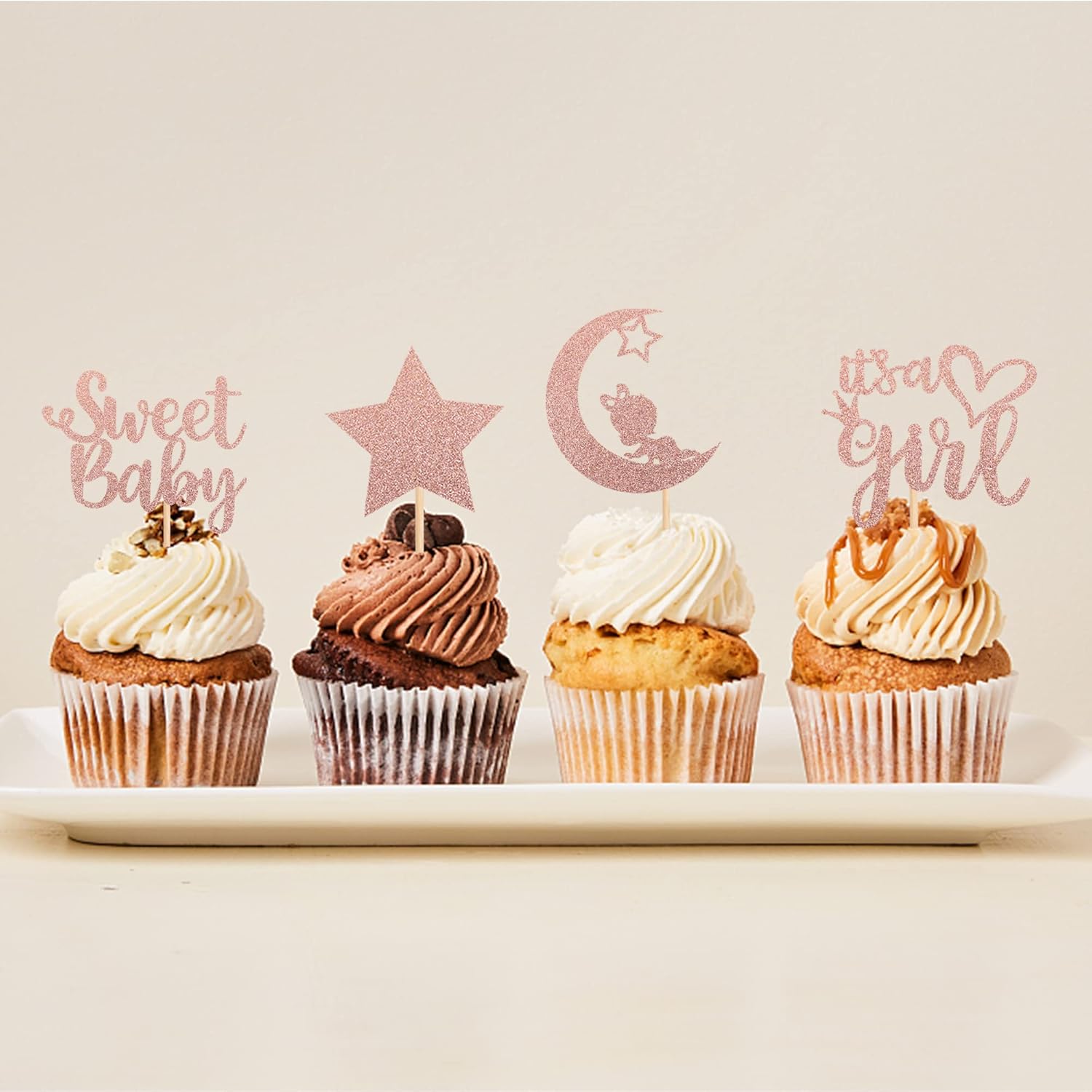 36 piezas de decoración para cupcakes para baby shower con luna con purpurina y estrella It’s a Girl Sweet Baby Reveal para cupcakes Baby Shower
