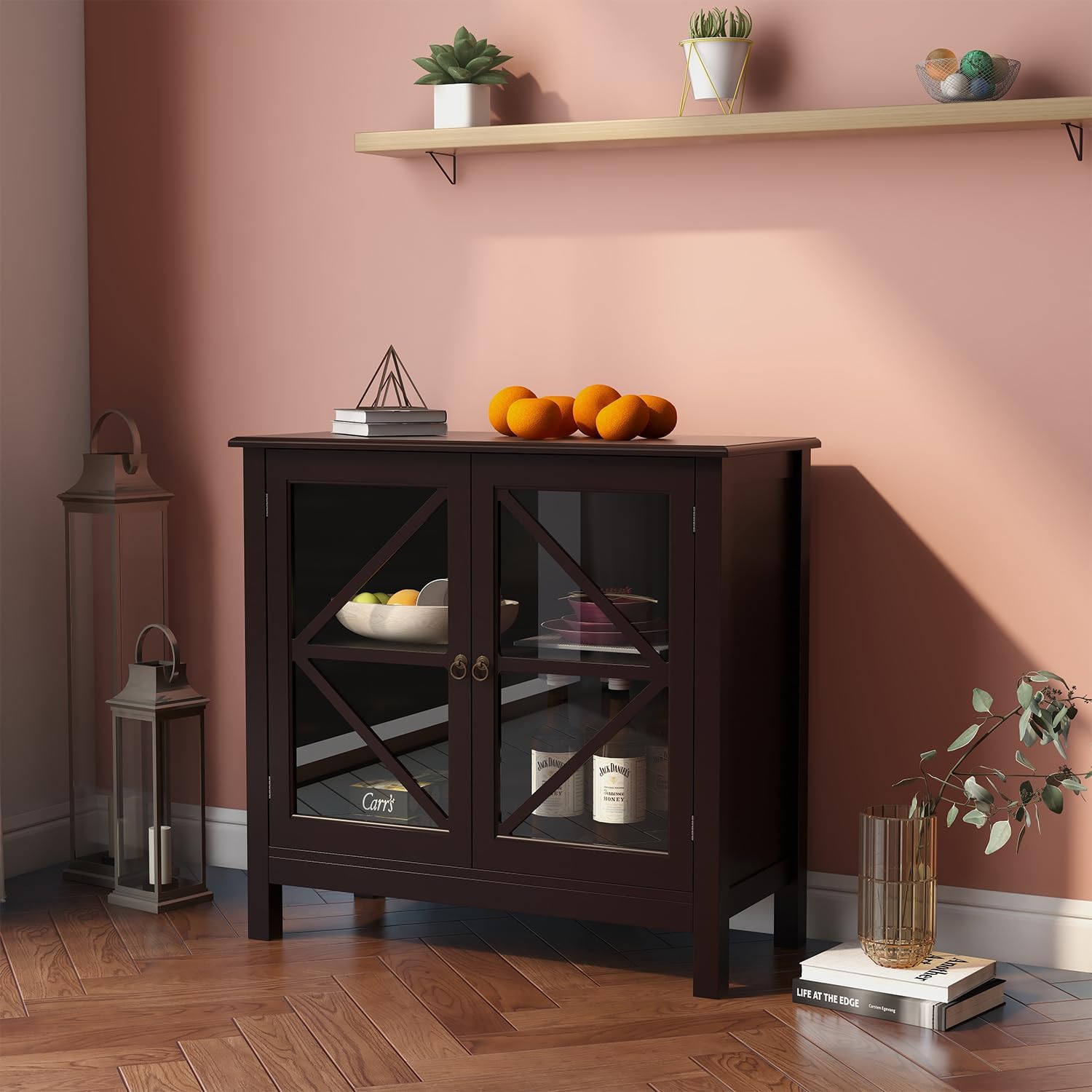 Mesa de bufé de cocina elegante para el hogar, aparador, mesa de consola con 2 puertas de vidrio y estante de almacenamiento, armario de entrada