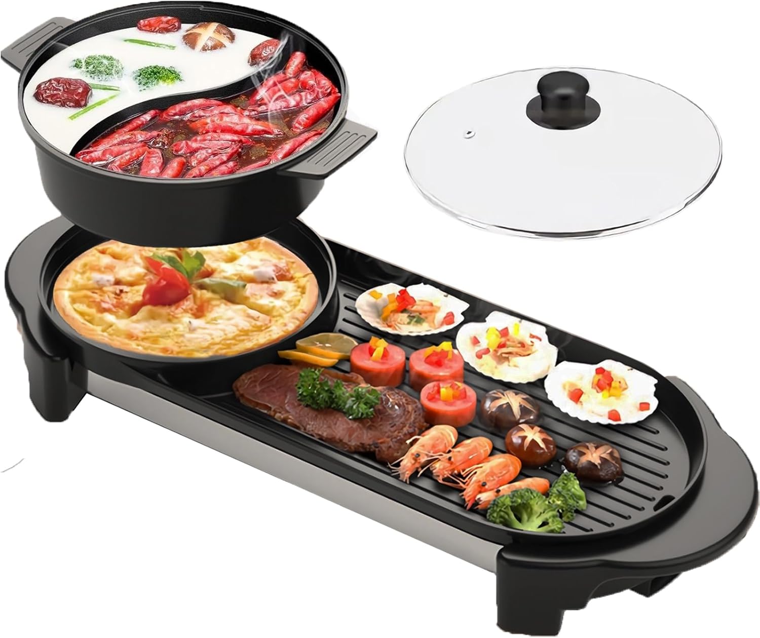 Olla caliente con parrilla, olla caliente eléctrica 2 en 1 Shabu Shabu Shabu parrilla coreana para barbacoa, olla extraíble de 1200 Wbandeja para
