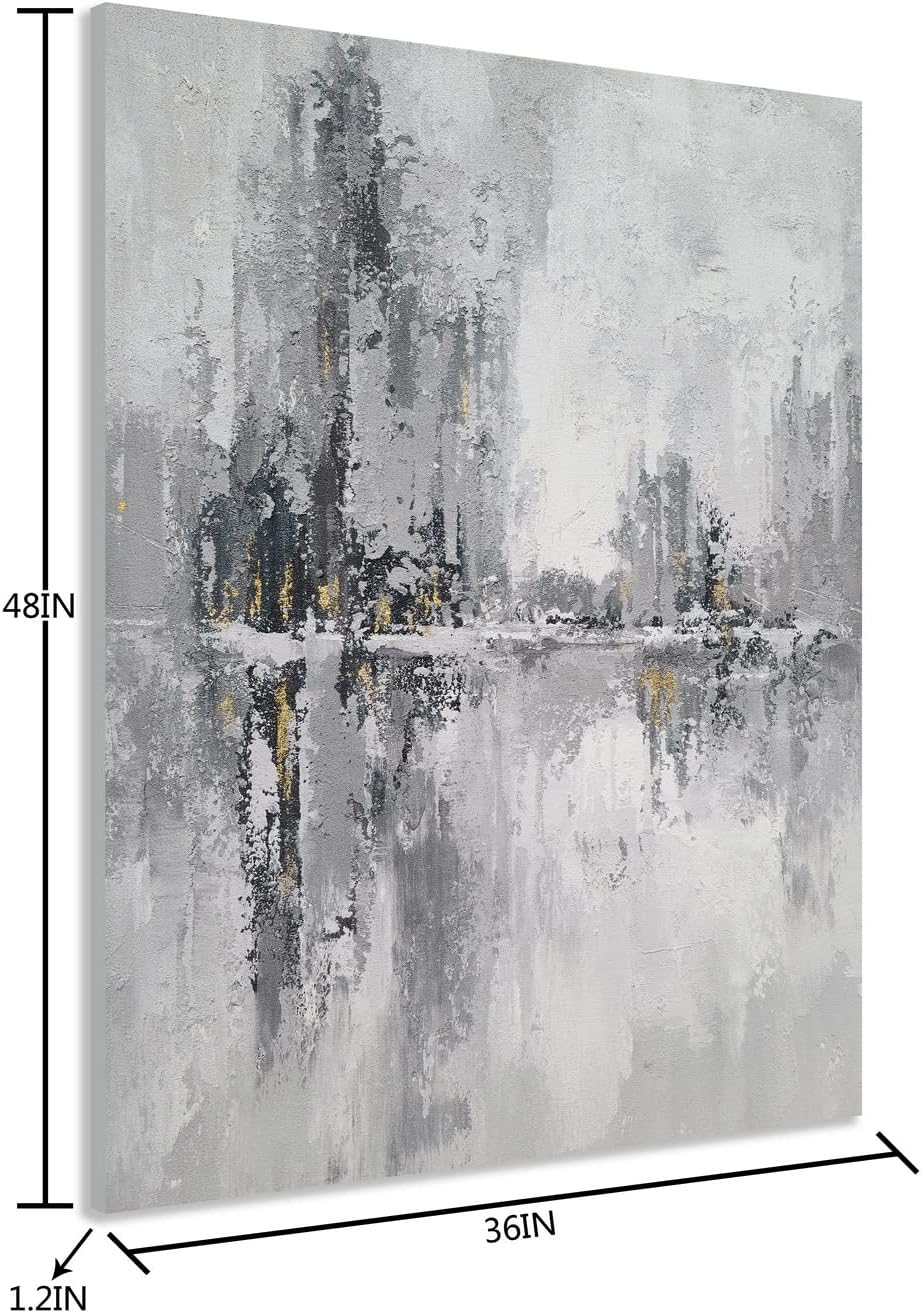 YHSKY ARTS Lienzo decorativo para pared, pintura al óleo abstracta pintada a mano con lámina dorada, imágenes verticales de ciudad para sala de