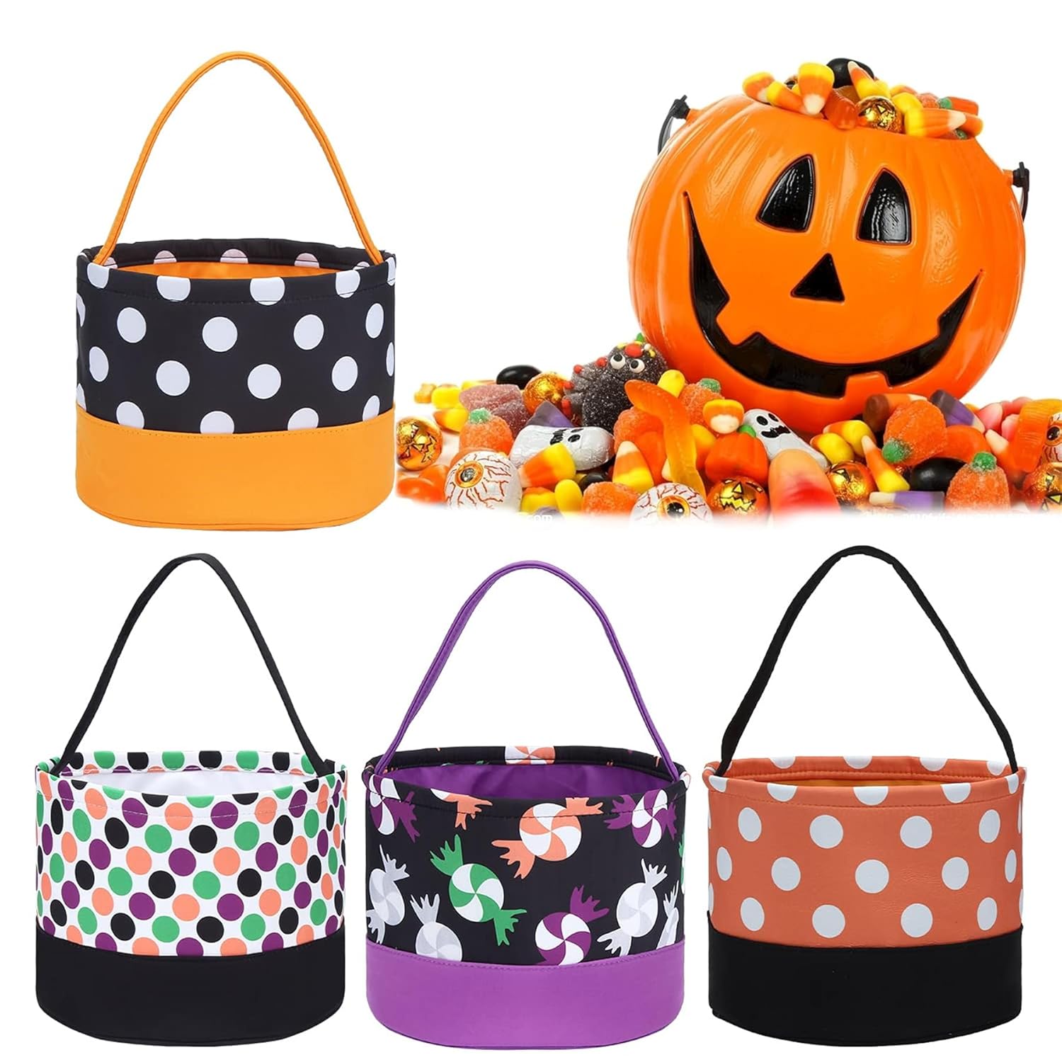 Cubo de dulces de Halloween, bolsa de dulces de Halloween, bolsa de lona para Halloween, cesta de calabaza y calavera a rayas con asa para niños,