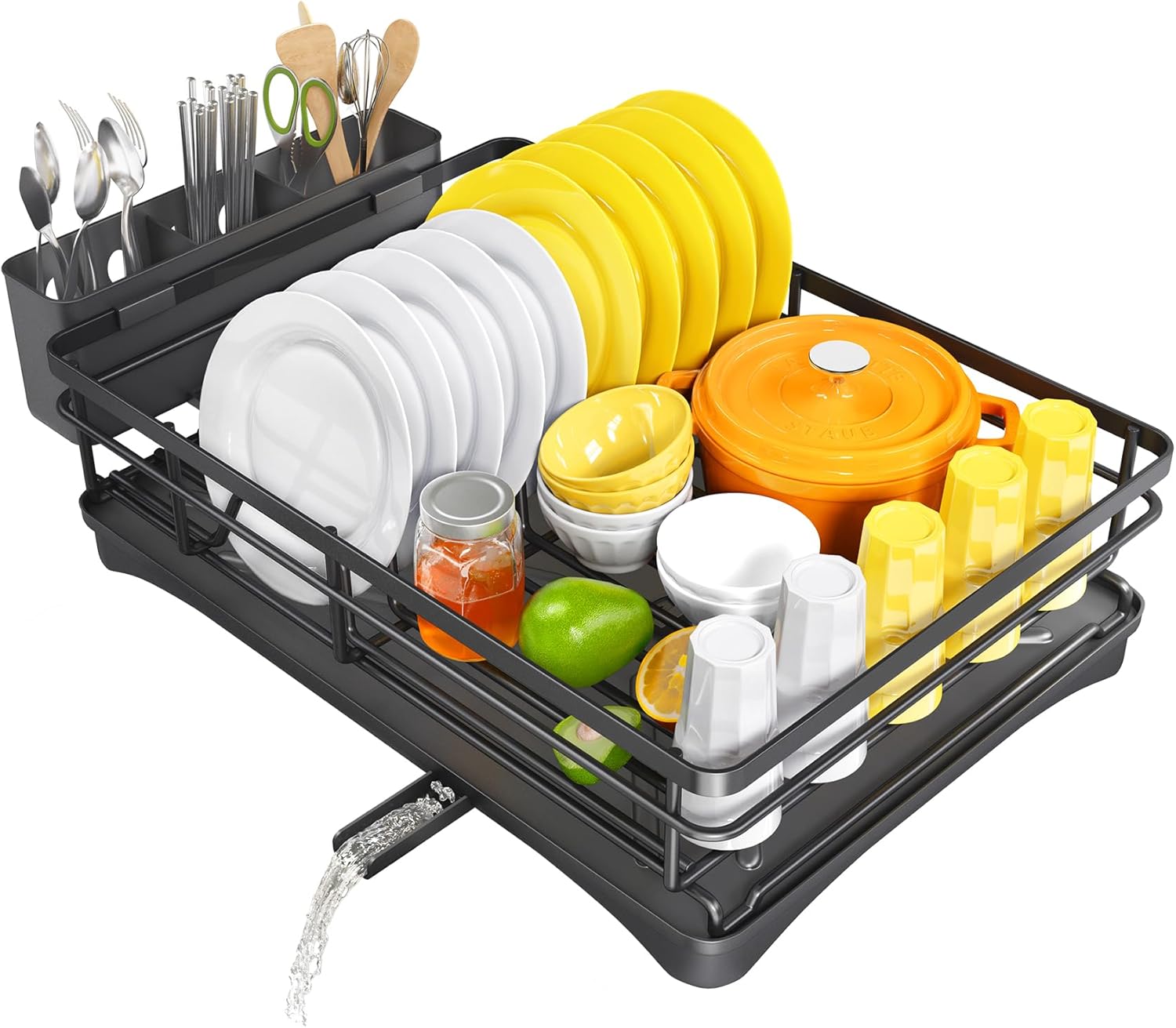 Escurridor de platos para encimera de cocina, escurridor grande con escurridor, escurridor de platos inoxidable con soporte para utensilios para