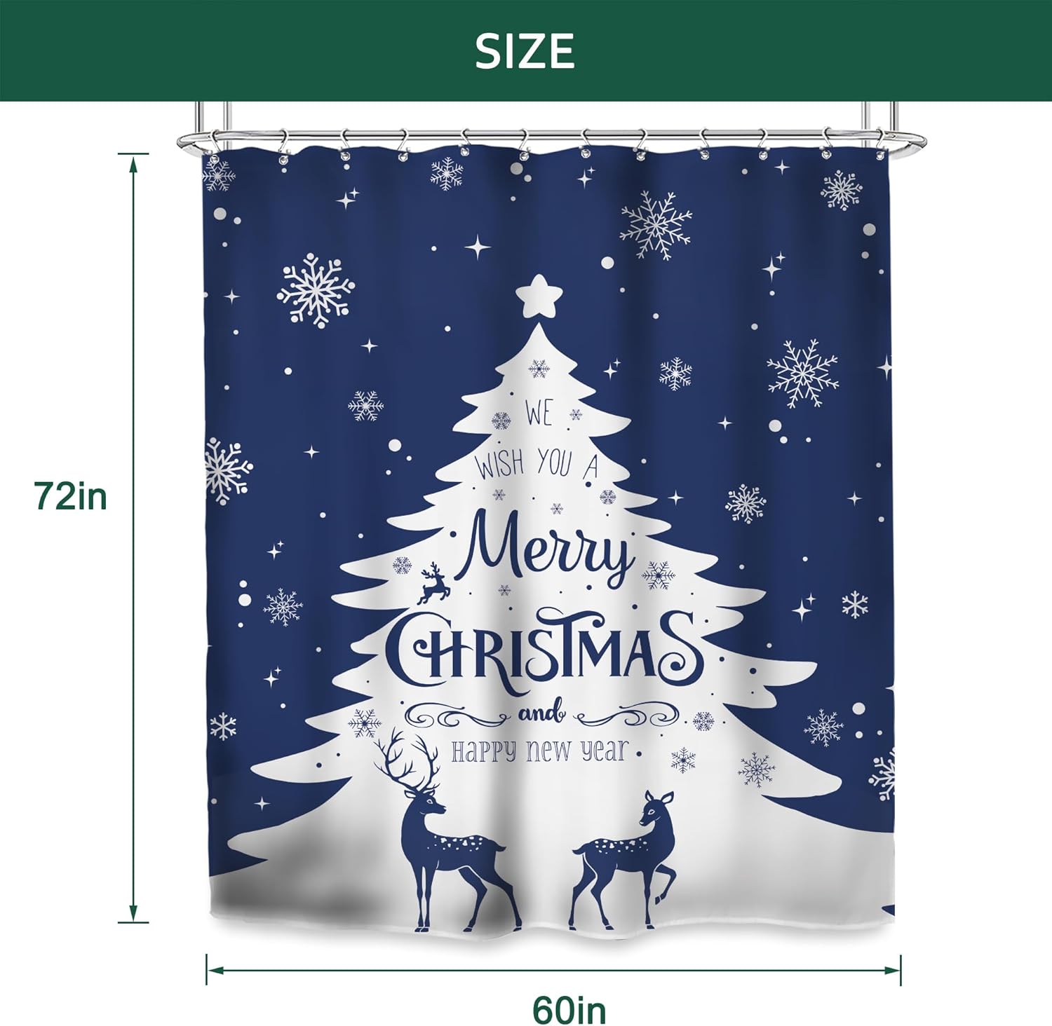 Glawry Cortina de ducha con diseño de árbol de Navidad, copos de nieve azules, renos, nieve, invierno, vacaciones, feliz año nuevo, estética, para