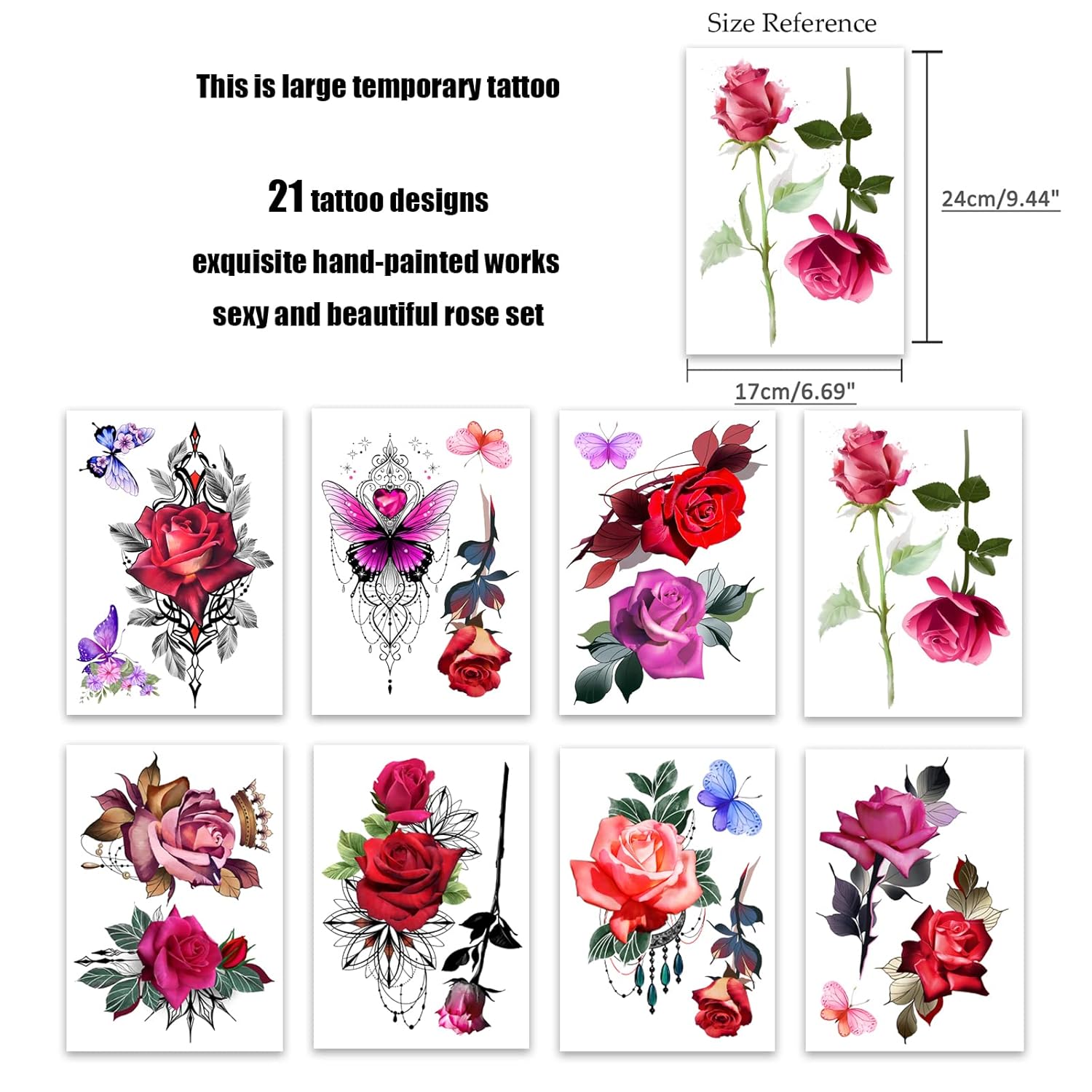 ROARHOWL Impresionantes tatuajes temporales de flores de rosas, tatuajes falsos de rosas grandes para mujer, juego de tatuajes de rosas (rosa 3)