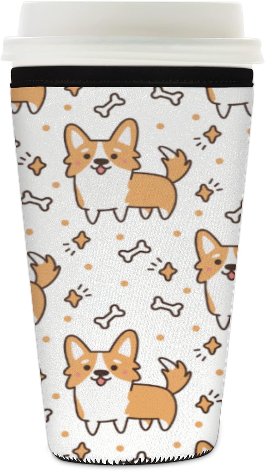 Funda de café helado, lindo perro corgi, diseño de estrella de hueso animal, reutilizable, de neopreno, aislante, para bebidas frías, bebidas, 32