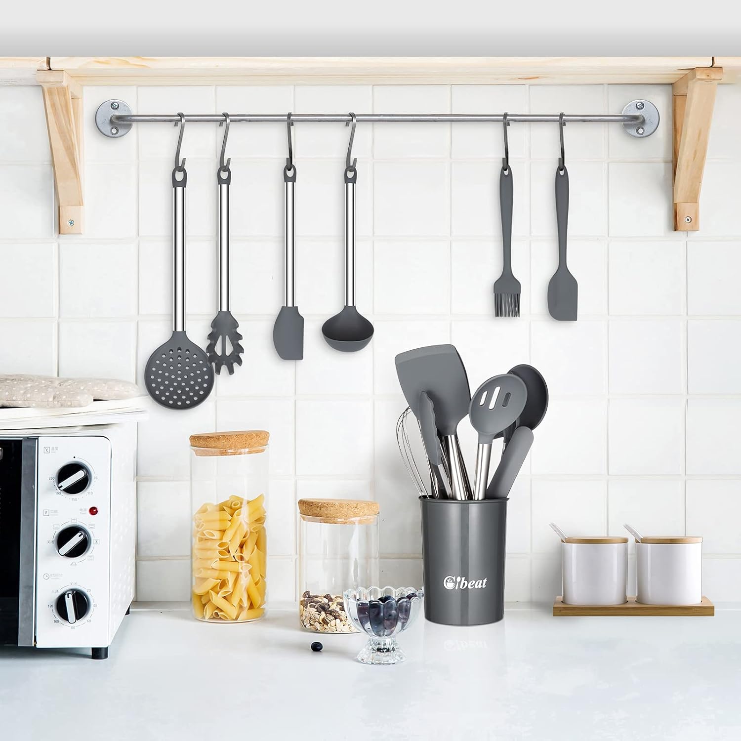 Juego de utensilios de cocina, 13 piezas de silicona para cocinar, resistentes al calor, antiadherentes, asas de acero inoxidable, herramientas de