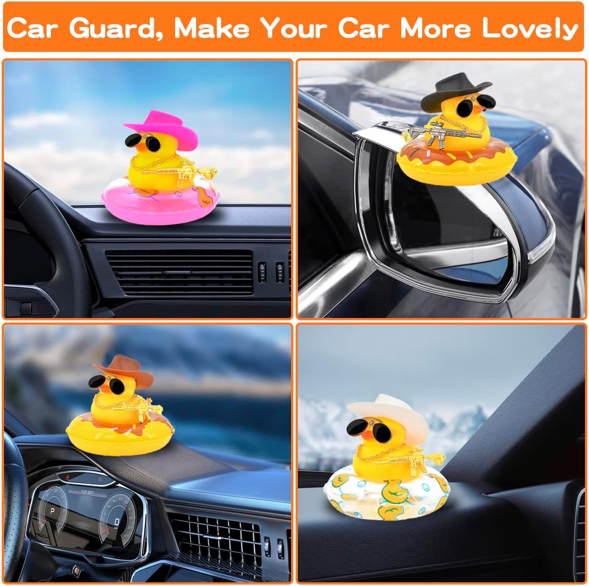 Decoración de pato de goma para automóvil, mini patos de goma con mini sombrero de vaquero, collar de tubo de natación y lentes de sol, accesorios