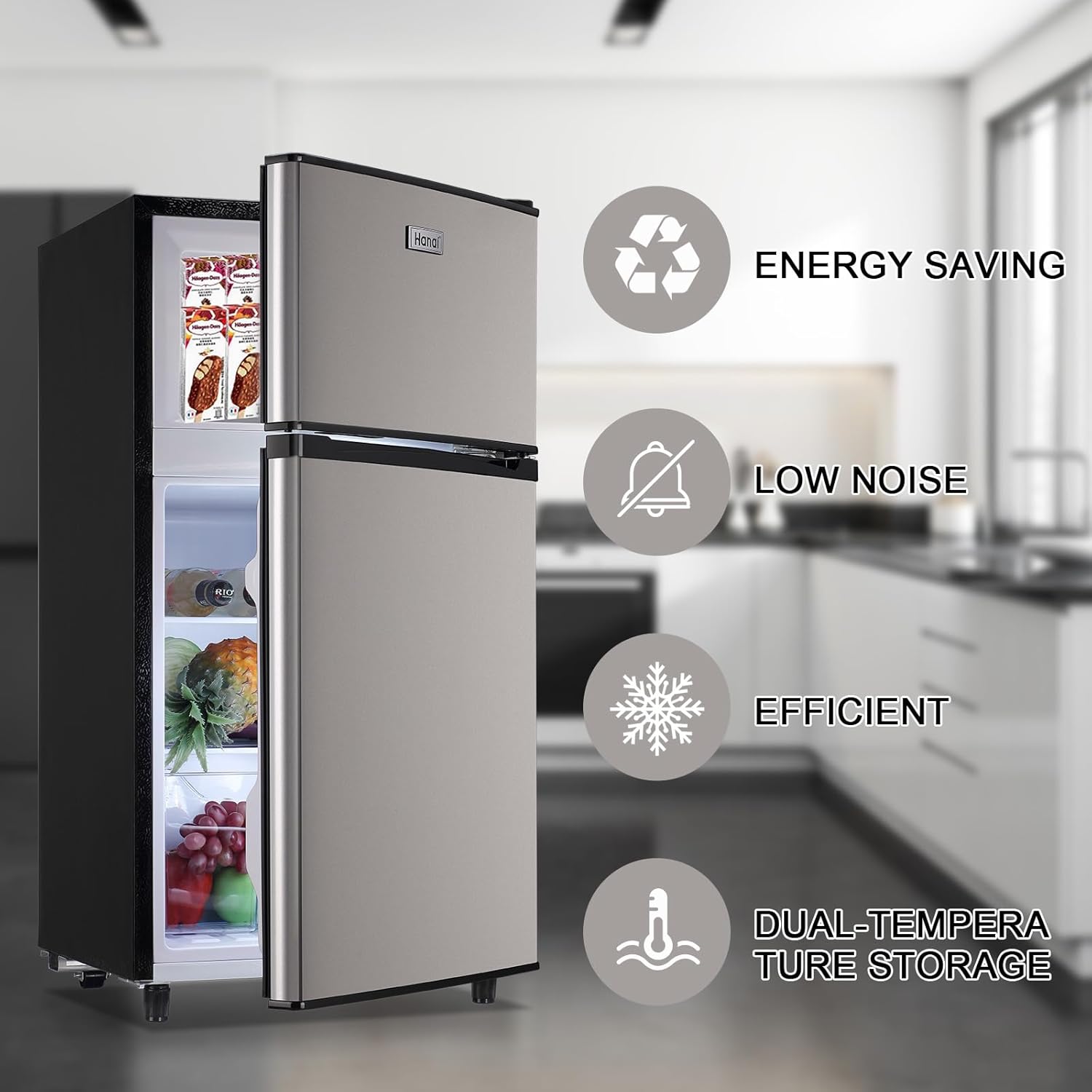 WANAI Refrigerador compacto de 3.5 pies cúbicos con congelador, refrigerador pequeño con 7 modos de temperatura, ahorro de energía, bajo ruido para