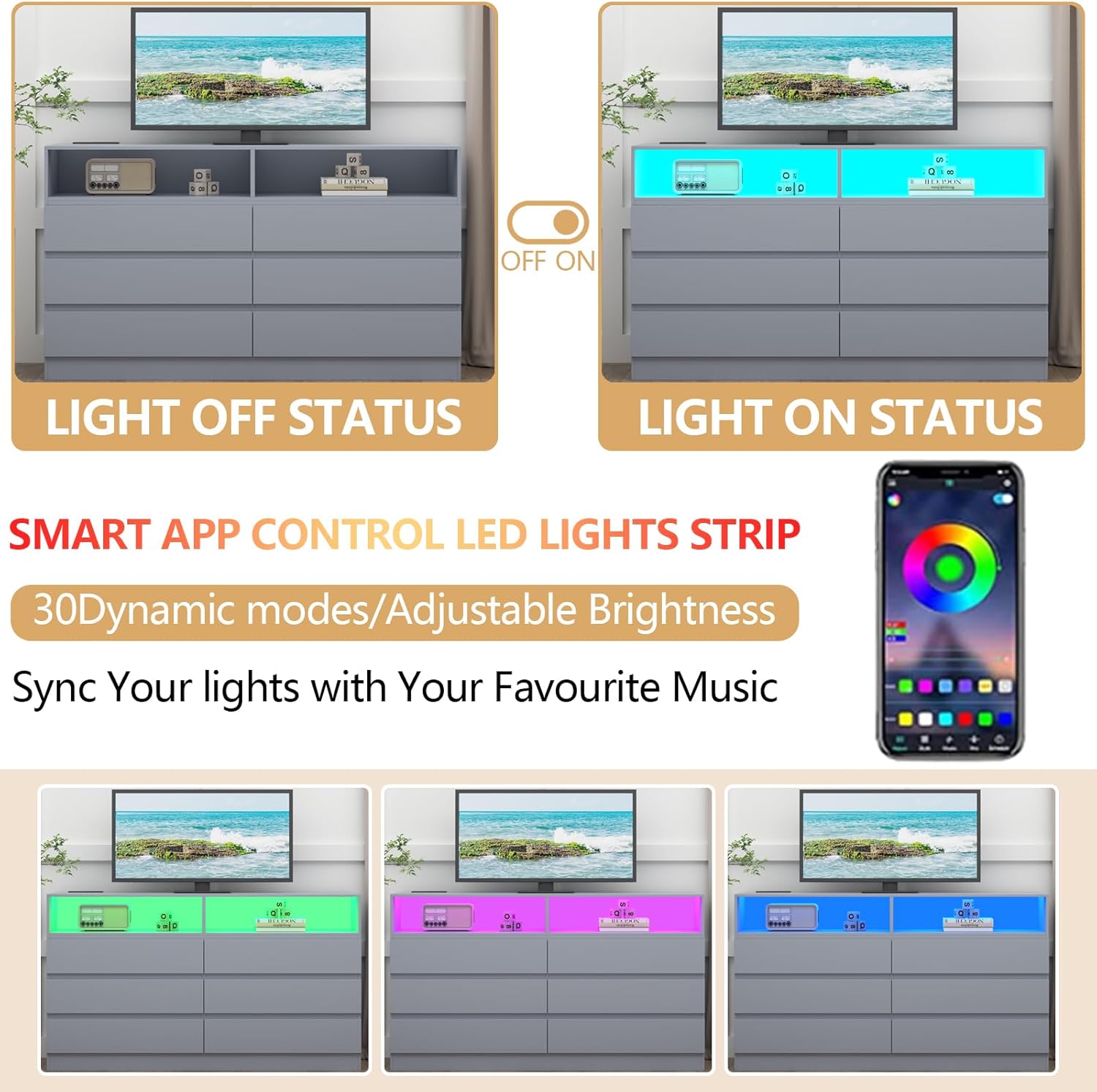 Gyfimoie Cómoda doble de 6 cajones con toma de corriente, cajones decorativos con luz LED, cómoda de almacenamiento moderna para dormitorio, sala de