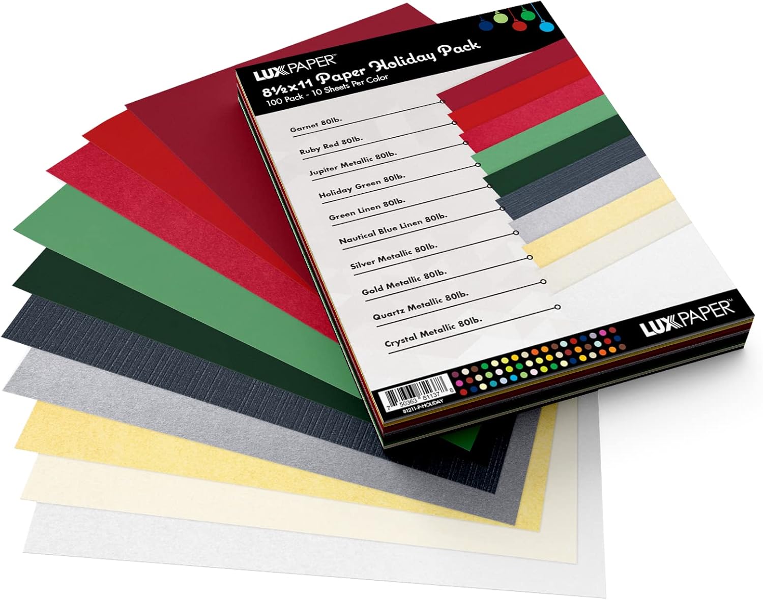 LUXPaper Paquete variado de papel de 8.5 x 11 pulgadas  Tamaño carta  Varios colores festivos  Texto de 80 libras  100 unidades