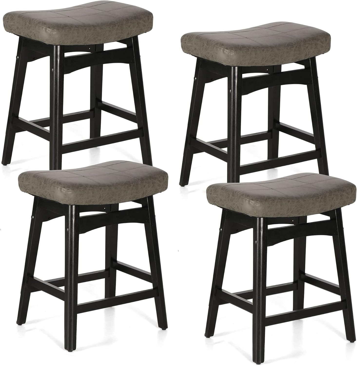 MAISON ARTS Juego de 4 taburetes de bar grises para encimera de cocina, patas de madera maciza con asiento de silla de montar de piel sintética,