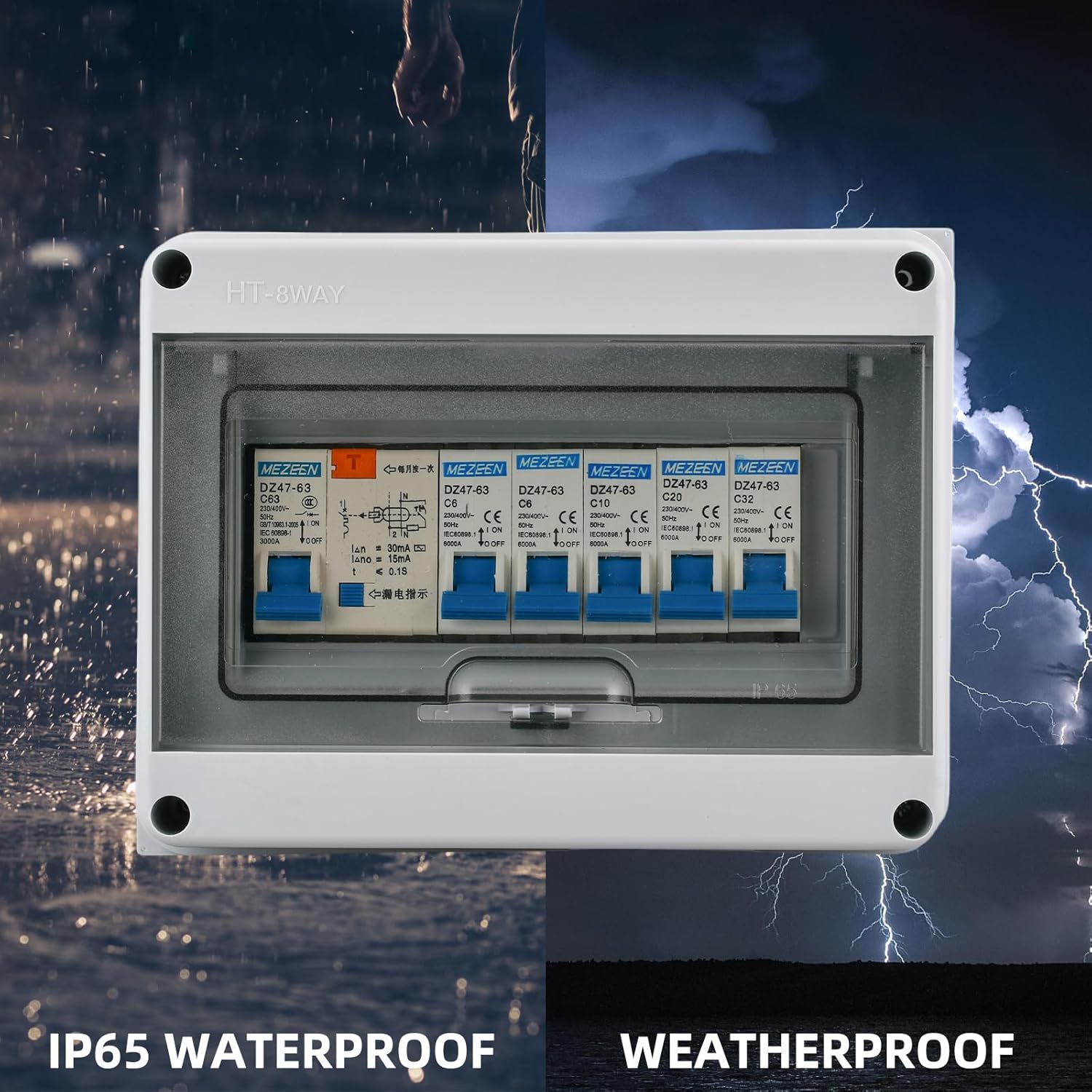 Disyuntores de 8 vías con caja de distribución impermeable al aire libre 63A 220V protección de cortocircuito de sobrecarga de fugas a tierra (6A,