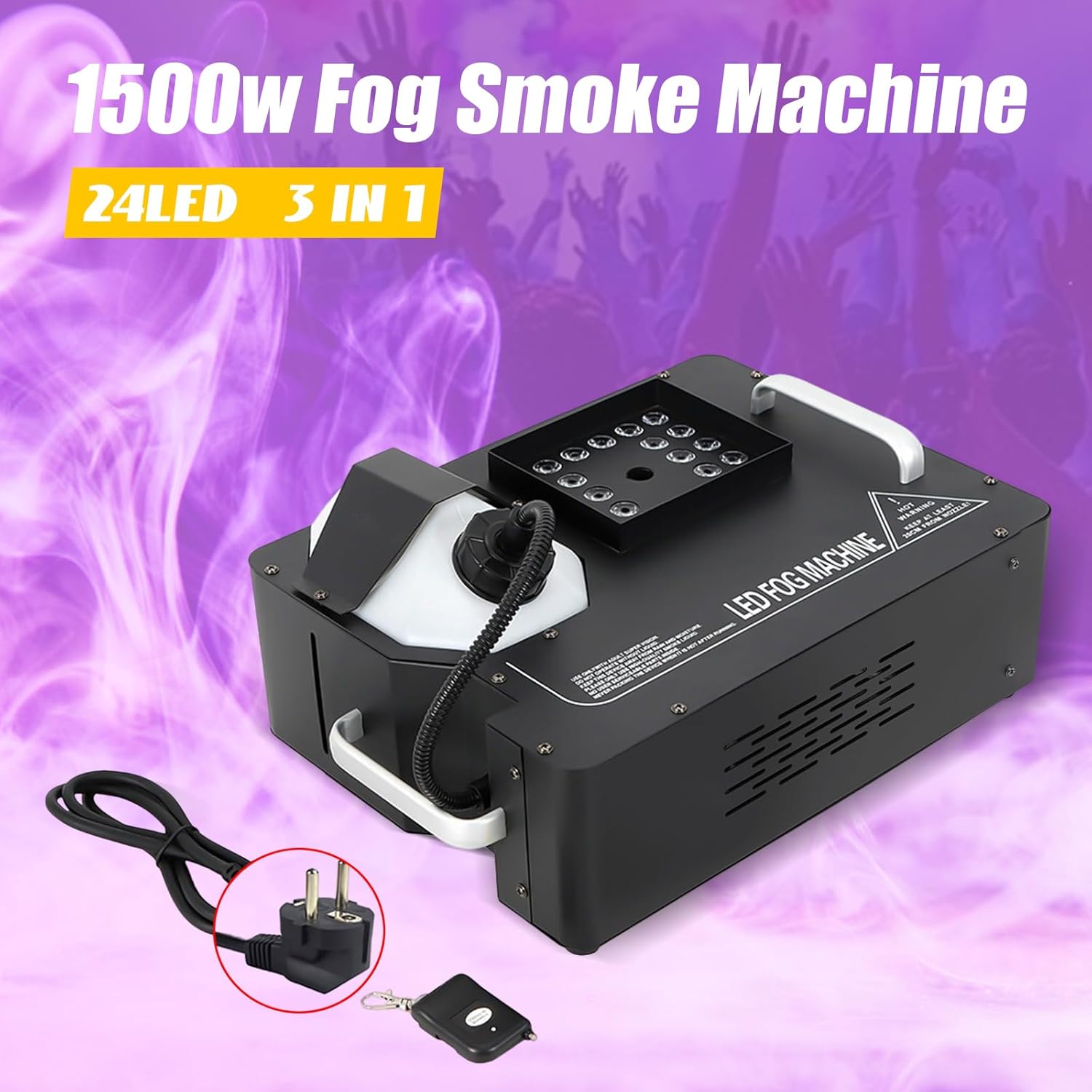 DYRABREST Máquina de niebla, máquina de humo LED de 24 RGB, 3 en 1, 1500 W, para fiesta, DMX inalámbrico, para DJ, escenario, con control remoto,