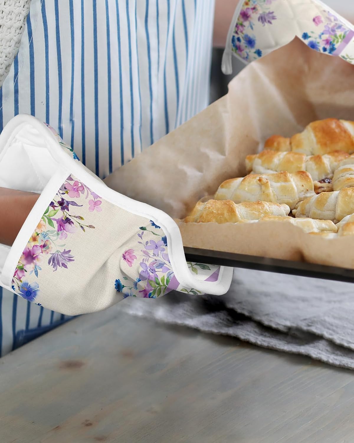 Watercolor Flower 5Pcs Pot Holders for Kitchen,Non Slip & Heat Insulation Terry Cloth Potholder Set with Pocket,Thick Hot Pad Oven Mitts Trivet