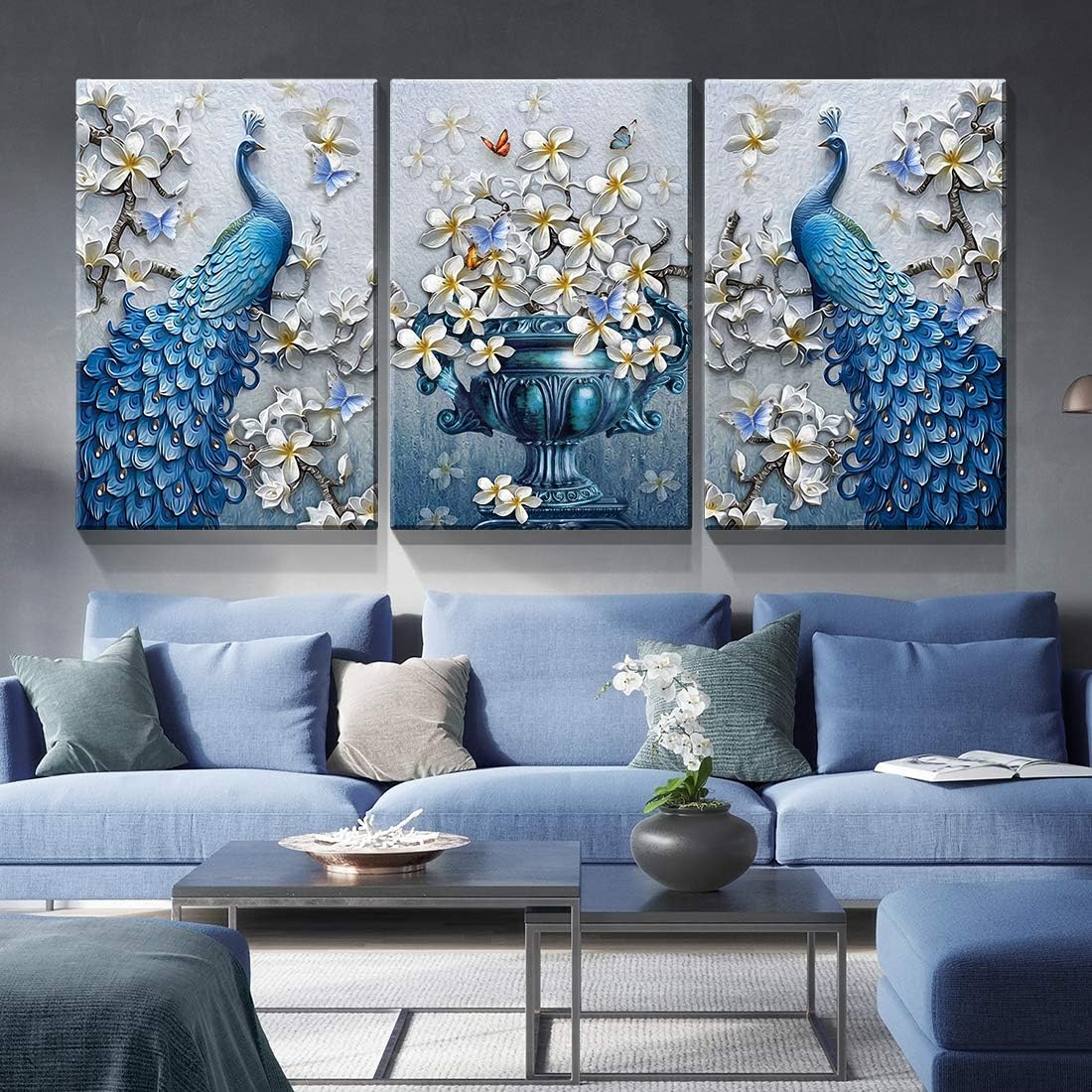 Denozer – 3 paneles de cuadros de arte de pared en lienzo de pavo real – Cuadros elegantes de flores de pavo real sobre lienzo, decoración de pared