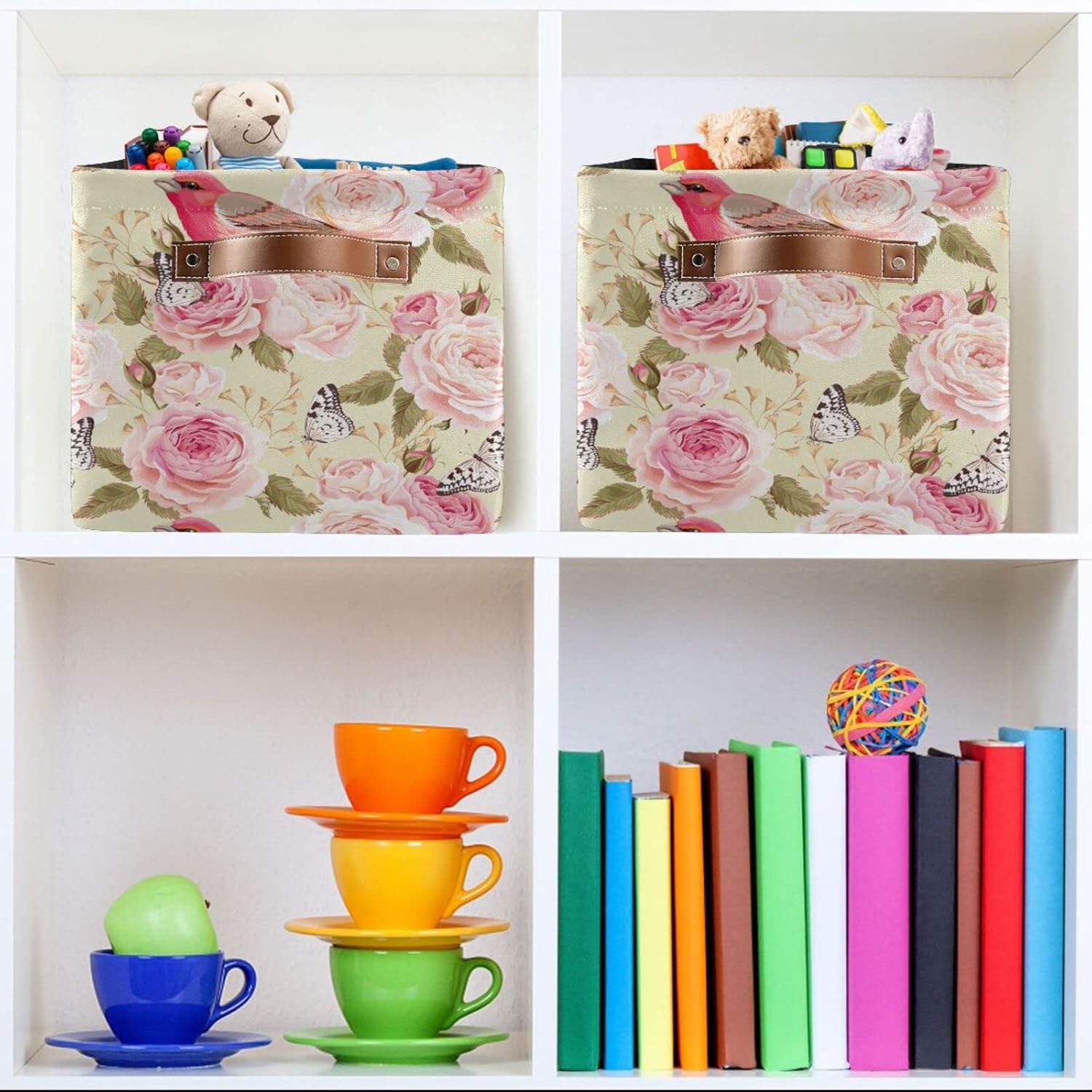 Cesta de almacenamiento con diseño floral de rosas, pájaros y melocotón, canastas plegables e impermeables para estantes con asa resistente para