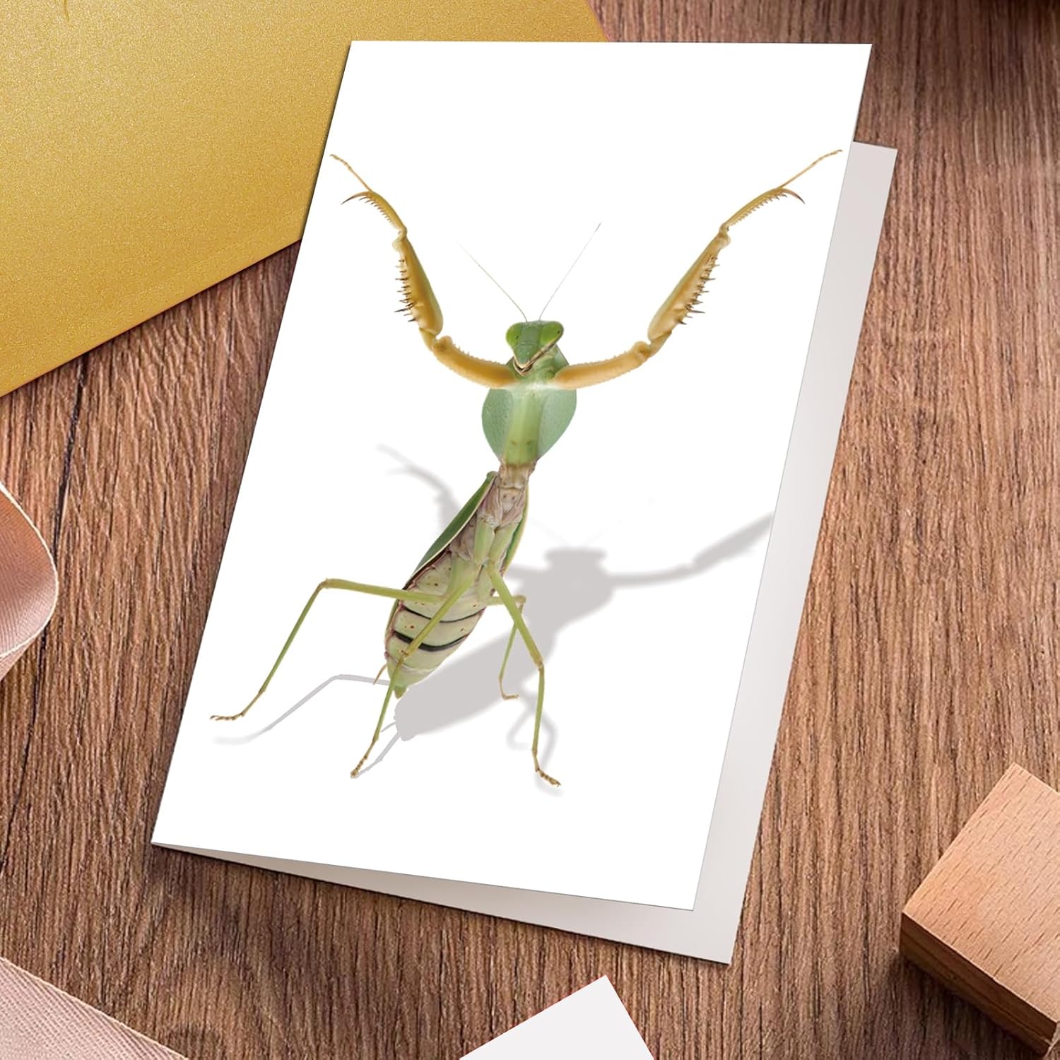 Divertida tarjeta de felicitación de mantis rezando, tarjeta de cumpleaños con arte de Mantis con cable, tarjeta de insectos para niños, amigos,