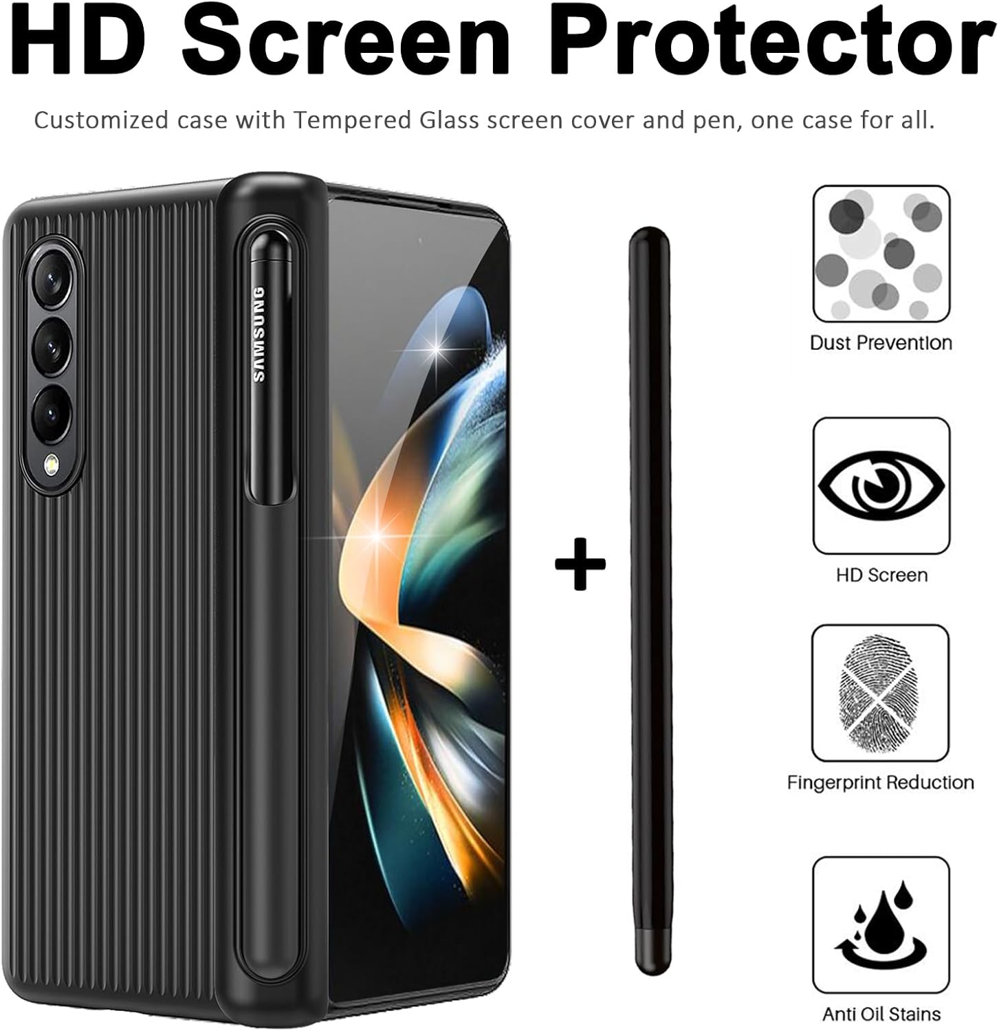Miimall Funda compatible con Samsung Galaxy Z Fold 4 con bolígrafo, Z Fold 4 con S Pen + protector de pantalla frontal + diseño de rayas verticales,