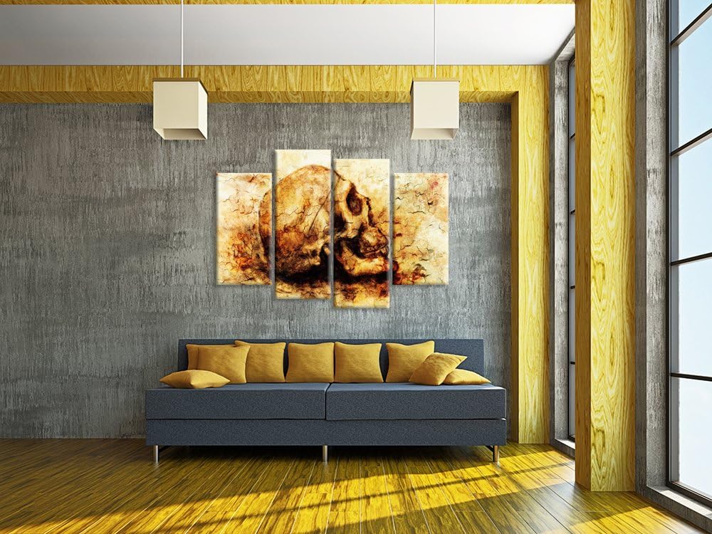 iHAPPYWALL Lienzo de calavera vintage para pared, diseño abstracto de cabeza de calavera sobre fondo amarillo, imagen de esqueleto humano sobre