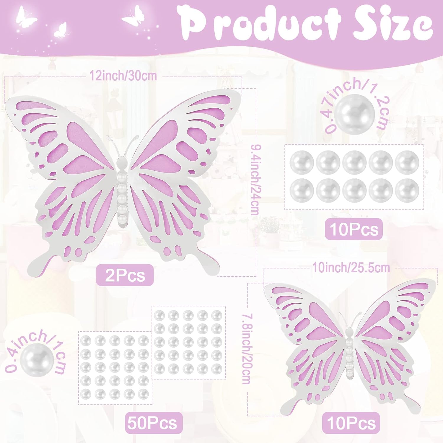 HMASYO 12 piezas de decoración de fiesta de mariposa grande con perlas, mariposas de papel grandes moradas en 2 tamaños, decoración de mariposa