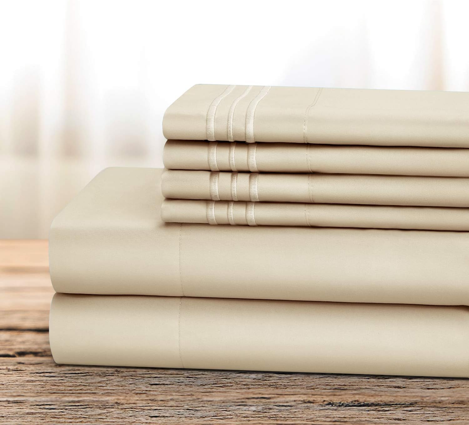 BYSURE Juego de sábanas de hotel con 4 fundas de almohada bordadas (tamaño King, crema), sábanas de microfibra de bolsillo profundo de 15 pulgadas,
