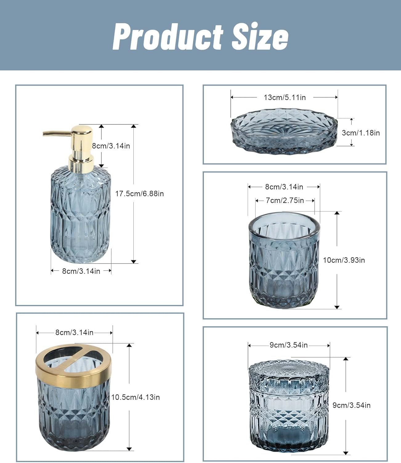 Juego completo de 5 piezas de accesorios de baño azules, soporte para cepillo de dientes, vaso, dispensador de loción, jabonera, tarros de hisopos