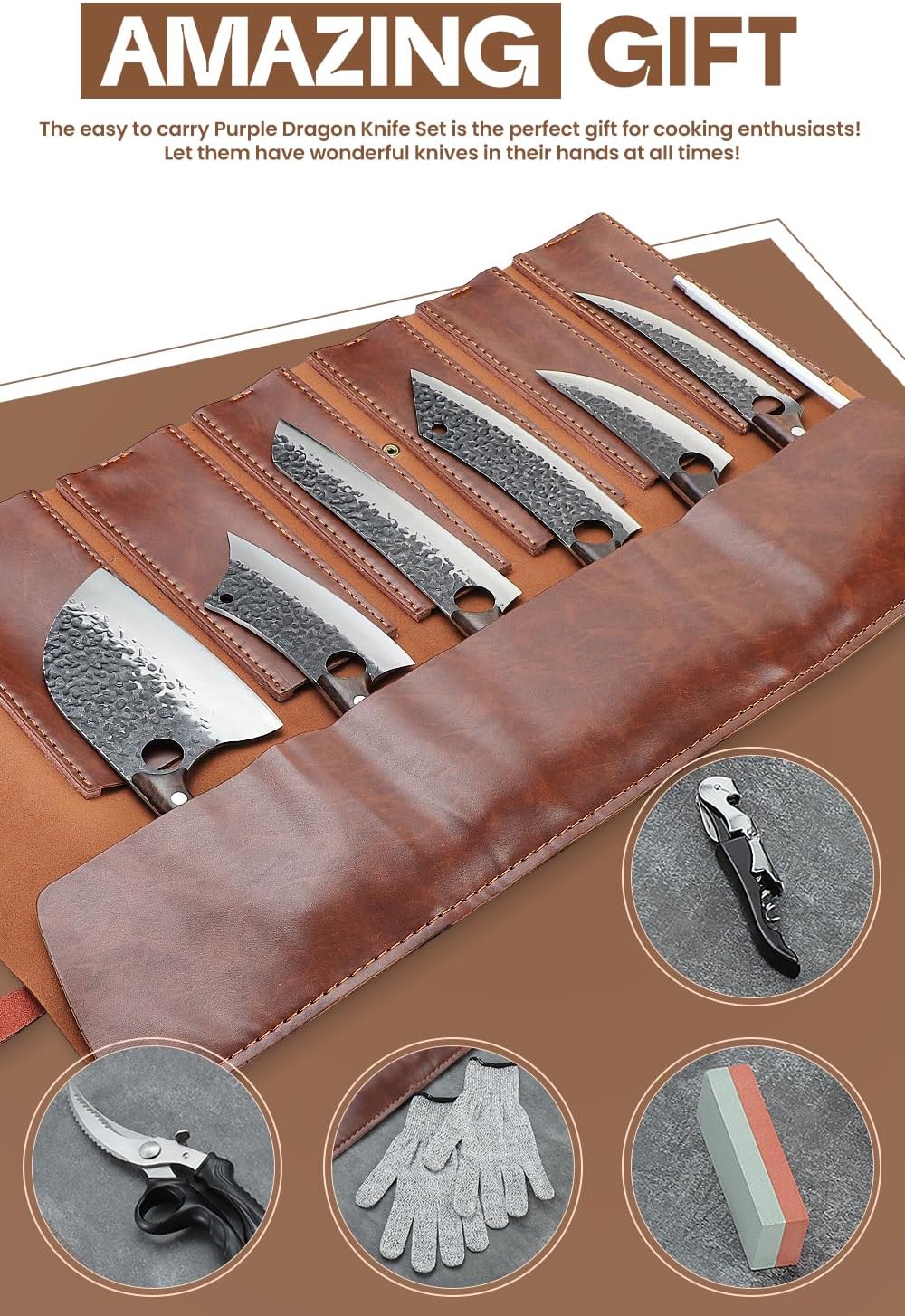 Purple Dragon Juego de 12 cuchillos de chef, acero de alto carbono forjado a mano carne deshuesado tallado cuchillo con accesorios para cocina,