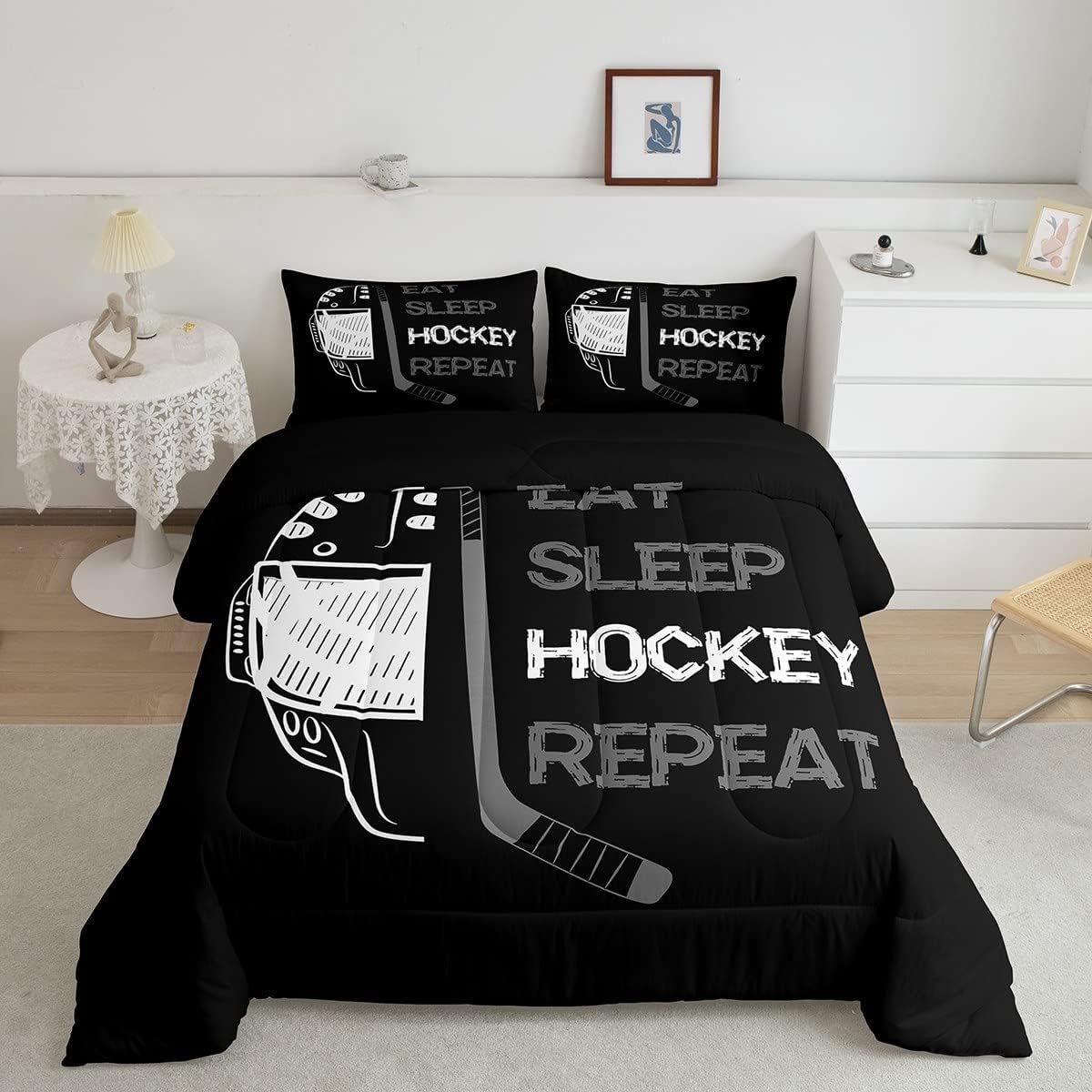 Erosebridal Edredón de hockey tamaño individual para niños y adolescentes, ropa de cama de hockey negro y gris para comer, decoración de dormitorio,