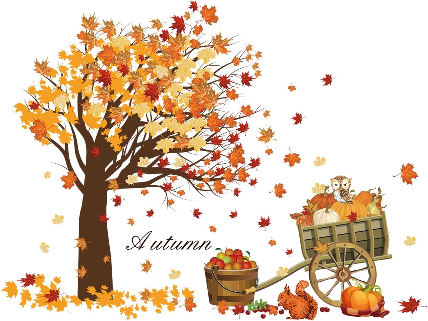 Rajahubri Calcomanía de pared de otoño de Acción de Gracias, hojas de arce, calcomanías de pared de calabazas de cosecha de otoño, lindos animales,