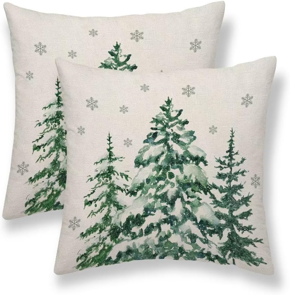 Juego de 2 fundas de almohada navideñas de 20 x 20 pulgadas, diseño de árboles del bosque, fundas de almohada verdes, fundas de almohada de invierno