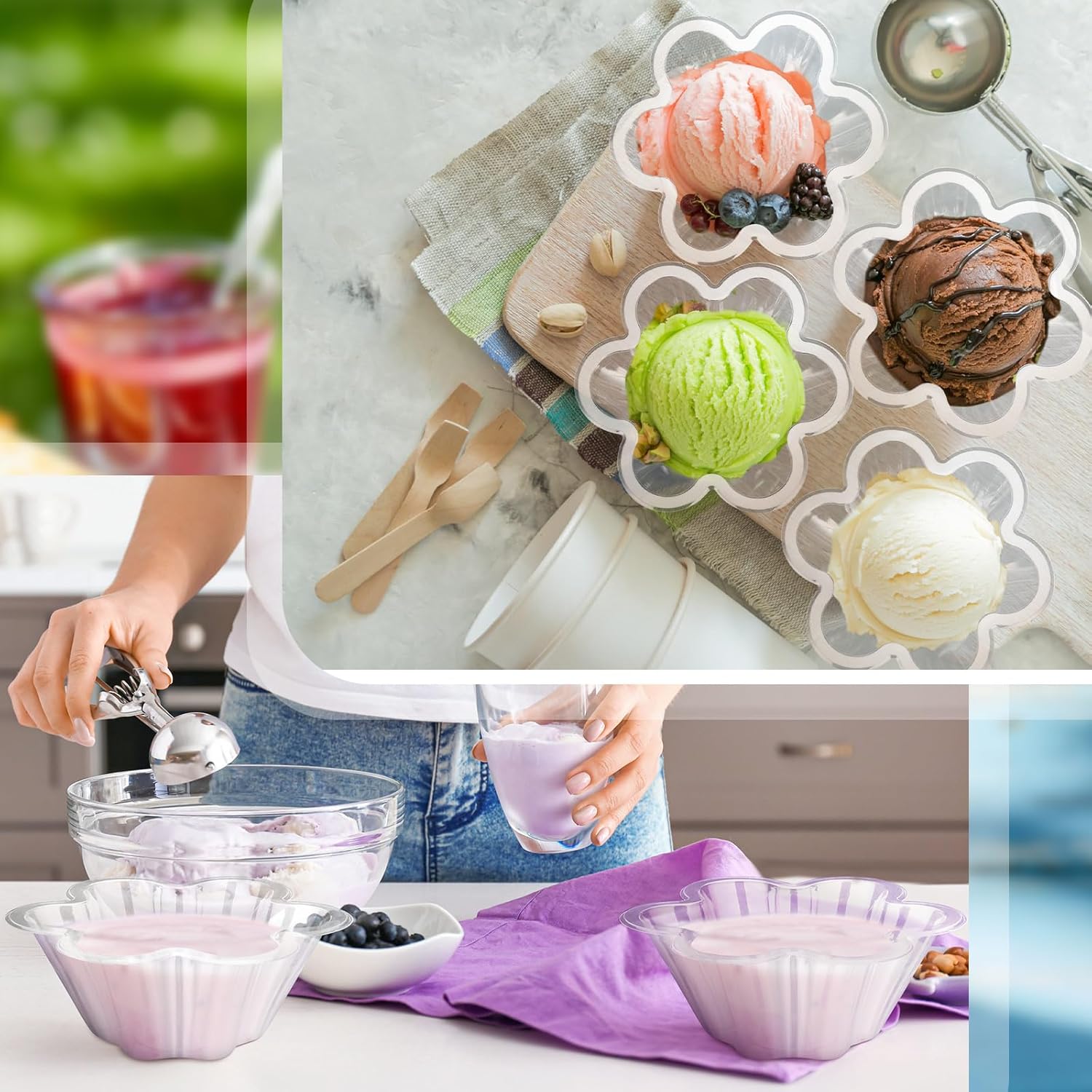 Sratte 300 cuencos de plástico para helado, taza de helado desechable en forma de flor, taza de helado transparente de 8.5 onzas, recipientes de