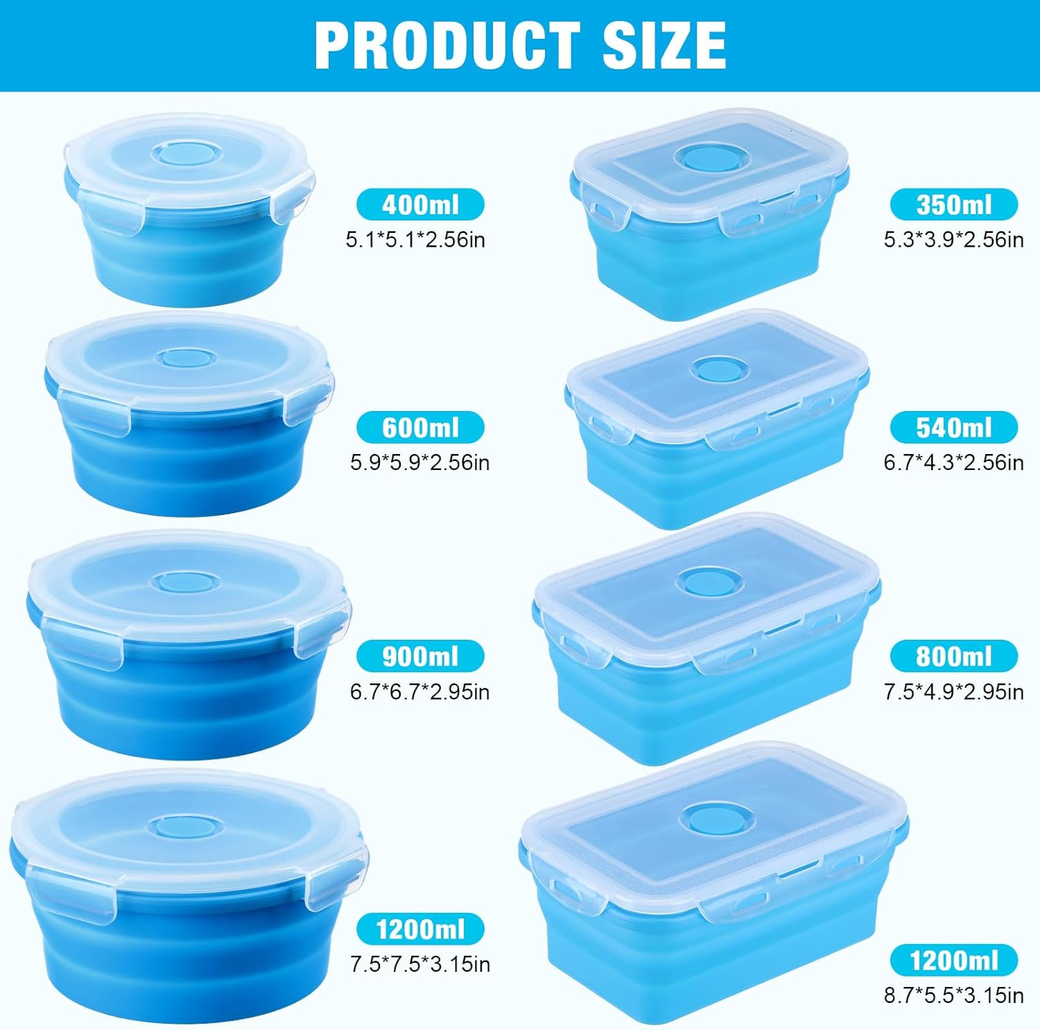 Dandat 12 recipientes plegables de silicona para almacenamiento de alimentos, contenedores plegables de silicona para el almuerzo, 6 rectangulares y