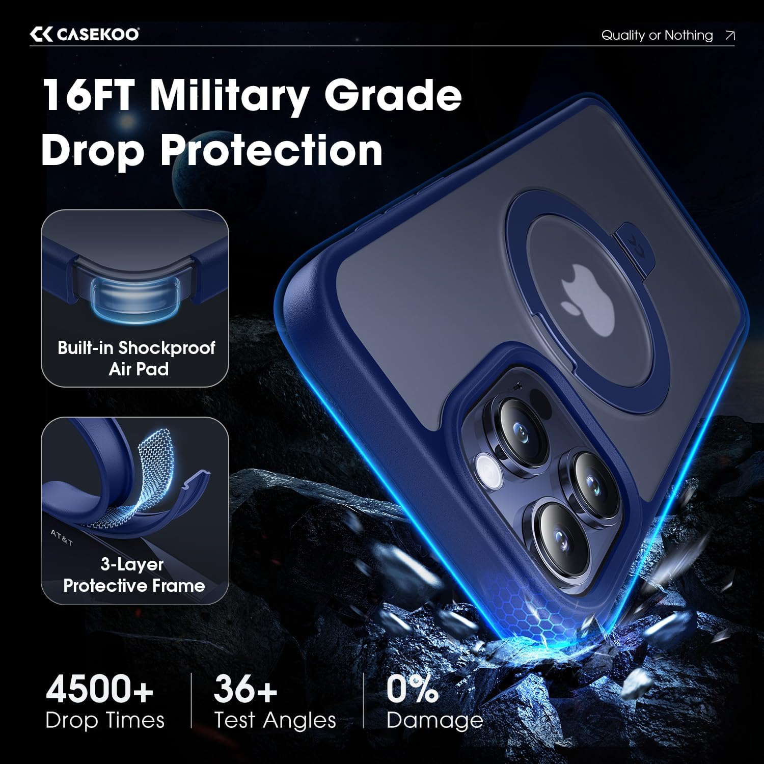 CASEKOO Funda con anillo magnético oficial original para iPhone 15 Pro Max protección militar contra caídas compatible con MagSafe Funda delgada
