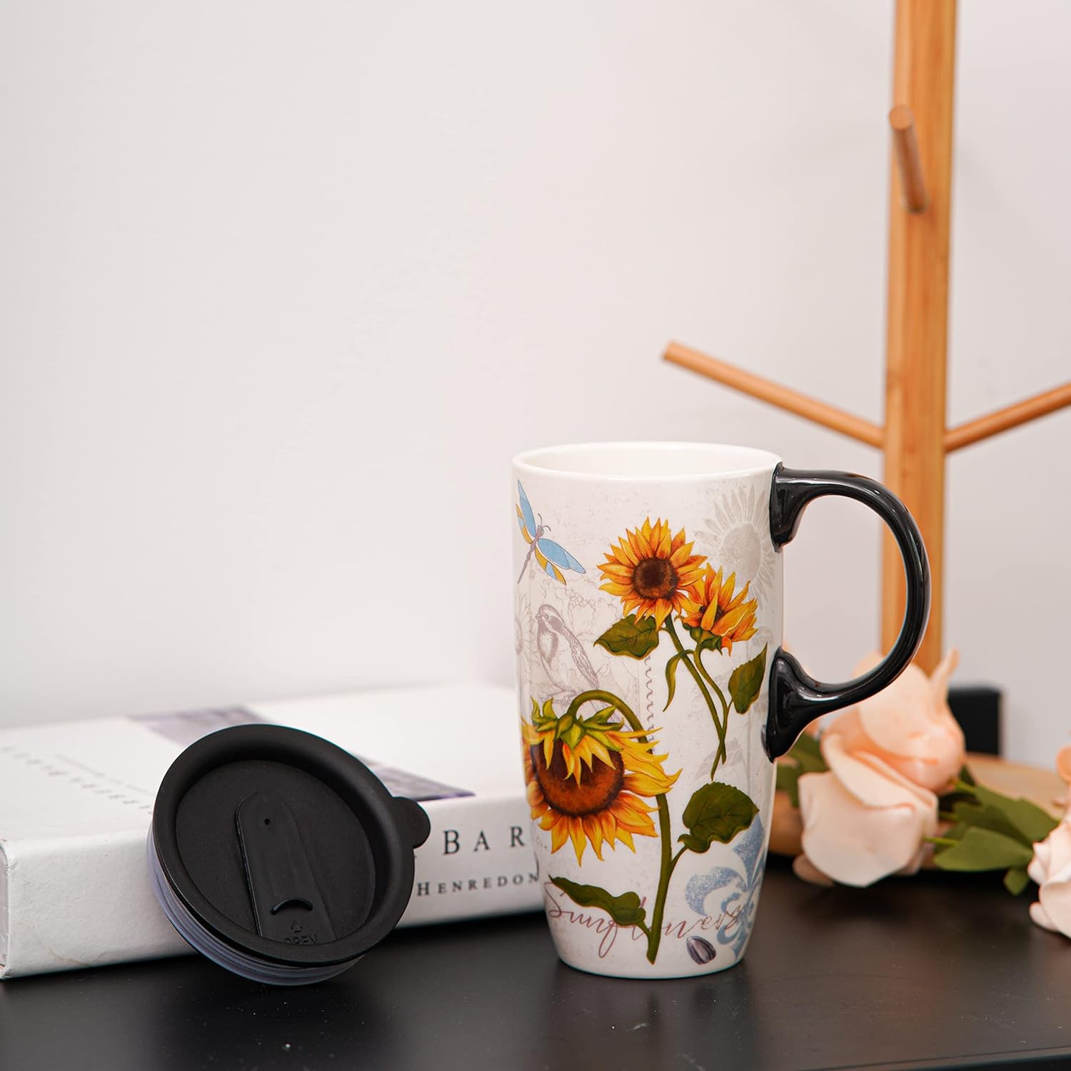 DUSVALLY Taza de café de cerámica con tapa, taza de té de latte de porcelana con asa 16.9 fl oz17 oz, girasol, regalos para mamá
