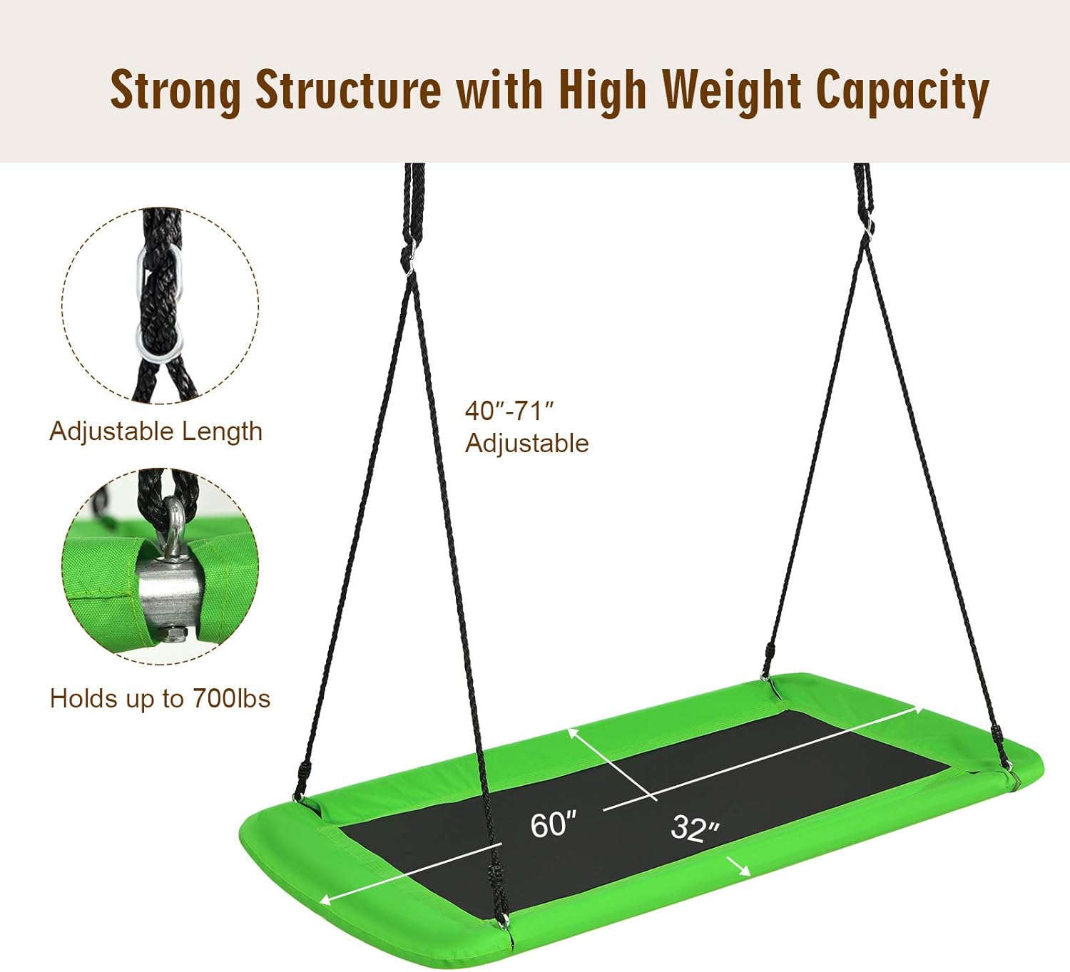 Costzon Juego de columpio rectangular de plataforma gigante de 60 pulgadas para niños y adultos, columpio rectangular resistente al desgaste para