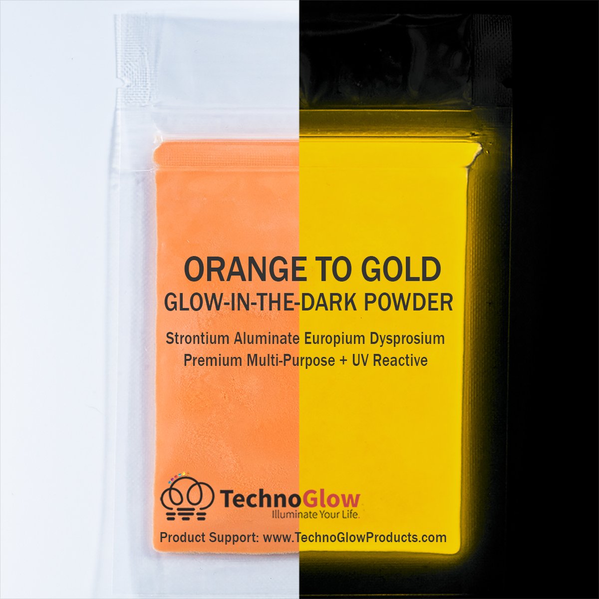 Polvo reactivo que brilla en la oscuridad y a los rayos UV, multiusos, serie PRO (naranja fluorescente a oro, 1 onza (0.99 oz))
