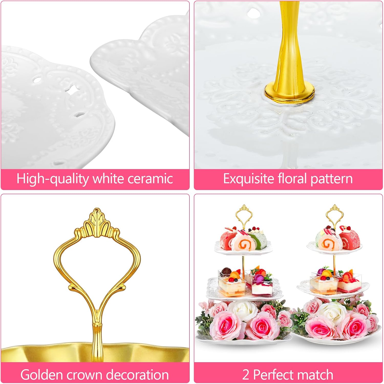 Ctosree Soporte redondo y cuadrado para cupcakes de porcelana de 3 niveles, soporte redondo y cuadrado para tartas de cerámica blanca, bandeja de