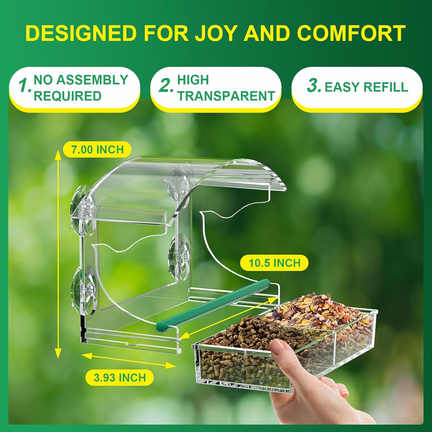 Comedero para pájaros de ventana transparente con 4 ventosas fuertes y bandeja de semillas desmontable, comederos acrílicos para pájaros montados en