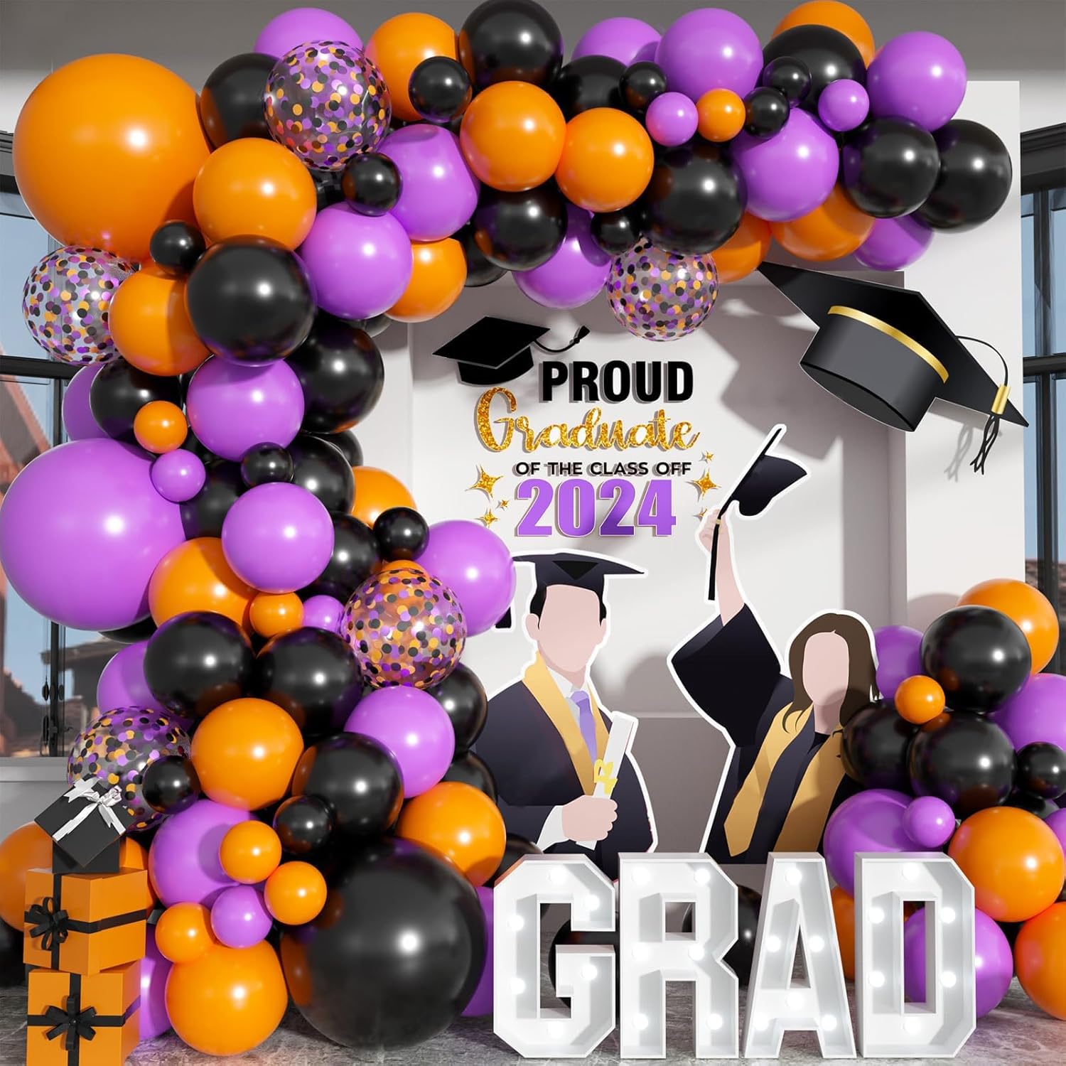 Kit de arco de globos de color negro, morado, naranja, naranja, morado, negro, guirnalda de globos de látex de confeti, globos de helio naranja,