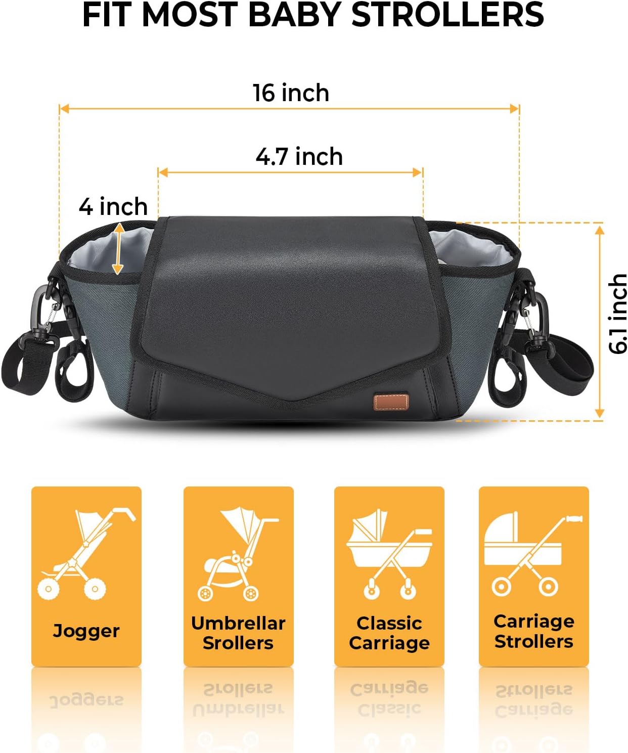 Wiicare Organizador universal para cochecito, bolsa de piel sintética con soporte para tazas aislado, bolsillo para pañuelos y correa de hombro