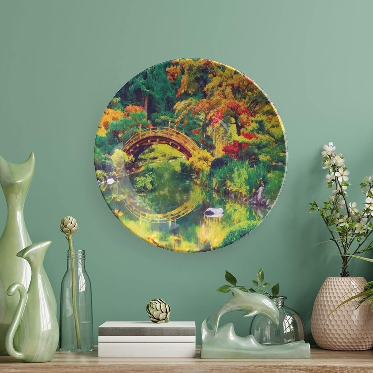 Plato decorativo de 8 pulgadas, plato de vajilla de decoración campestre, imagen de hadas del jardín japonés con estampado de puente antiguo