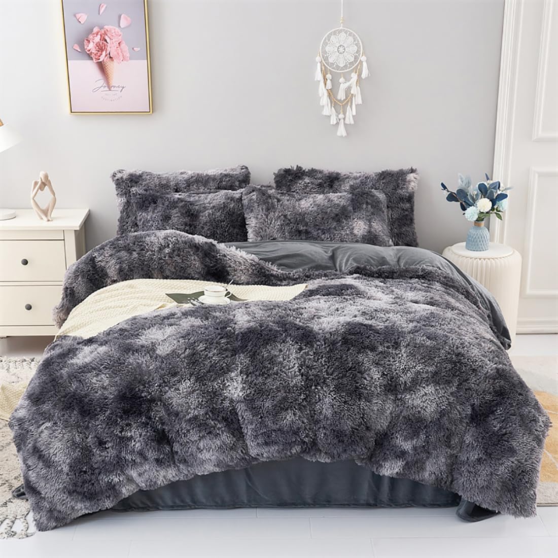WINLIFE Juego de edredón lanudo tamaño individual, color gris para niños y adolescentes, juegos de ropa de cama de pelo sintético de franela peluda,